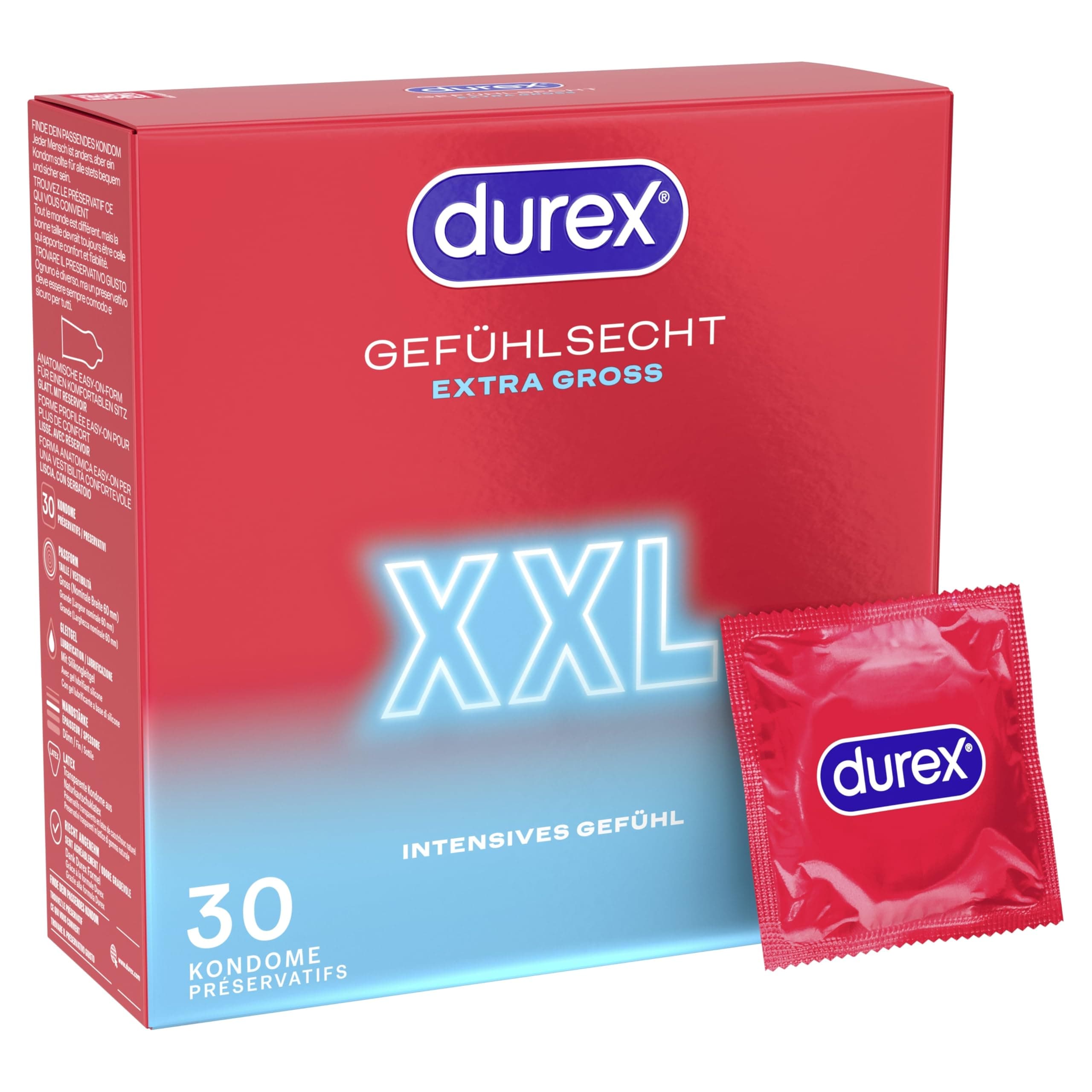 Durex Gefühlsecht XXL Kondome – Dünne Kondome mit großer Passform & mit Silikongleitgel befeuchtet, transparent, angenehmer Geruch - für einen komfortablen Sit – 30er Pack (1 x 30 Stück)