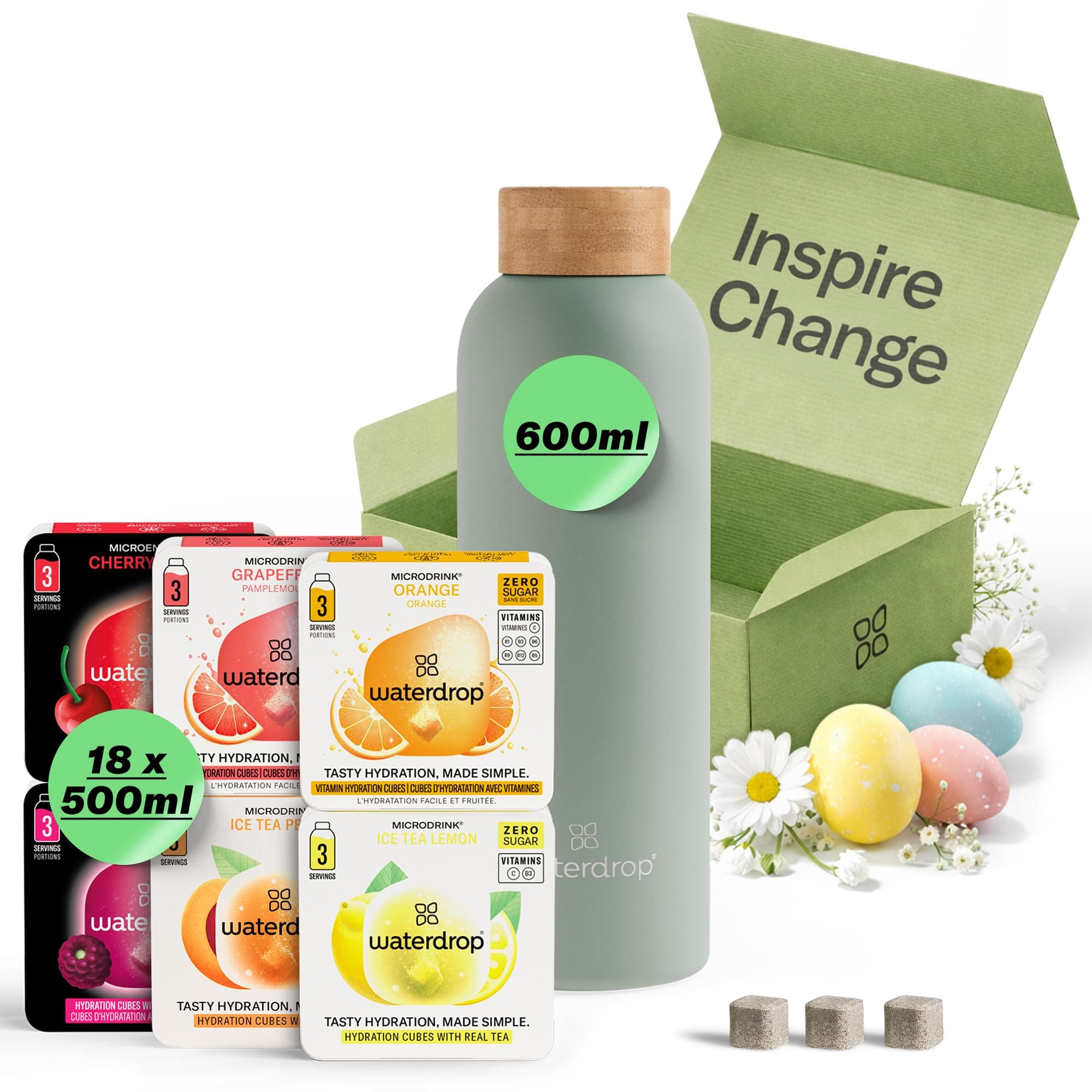 waterdrop® Starter Set - 600ml Trinkflasche mit Geschmack inkl. 18 zuckerfreie Drops - Geschenk für Frauen - Probierpaket mit Wasserflasche & Drops - Edelstahl Trinkflasche Kohlensäure geeignet