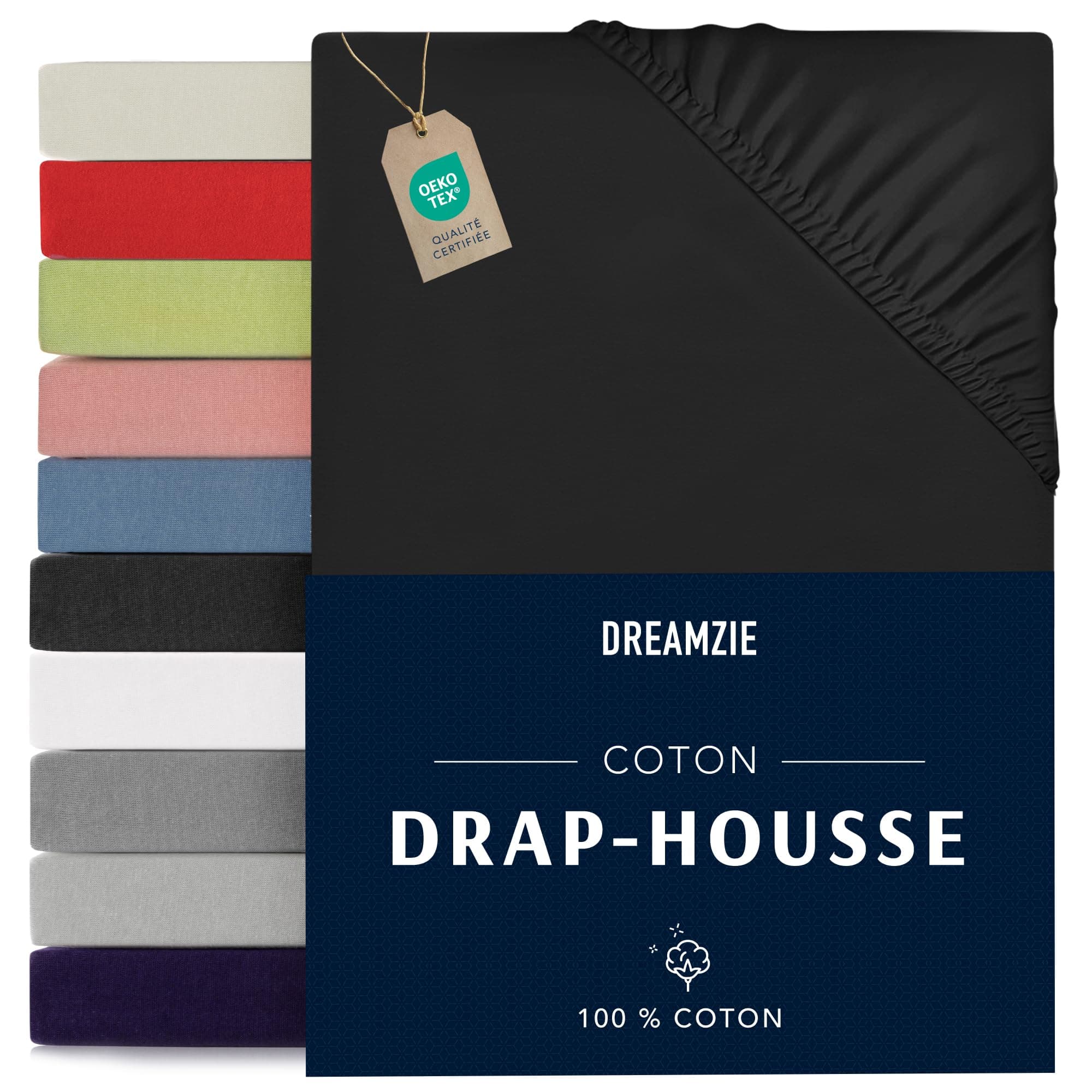 Dreamzie - Drap Housse 200x200 - Noir - 100% Jersey Coton Certifié Oeko Tex - Drap Housse 200x200 Coton