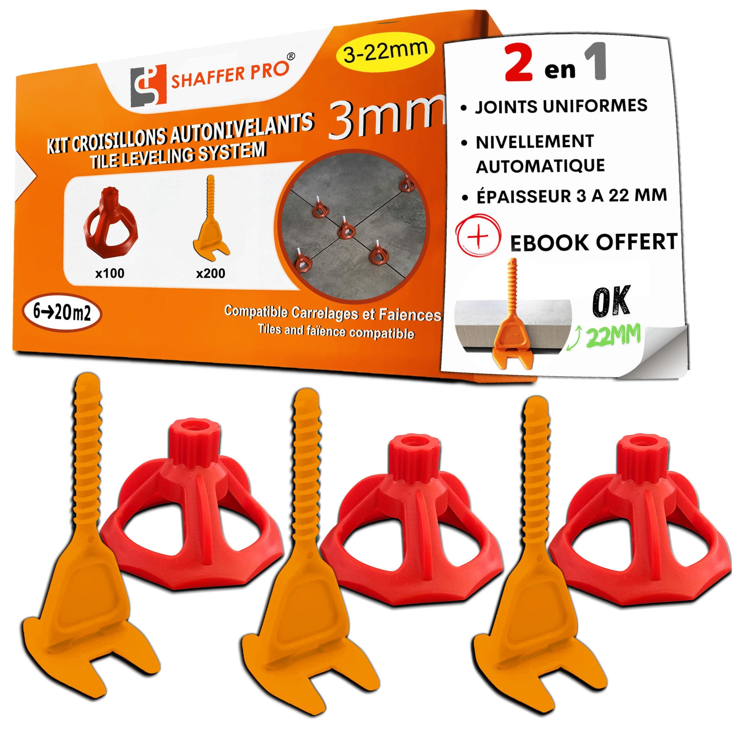 Croisillons carrelage autonivelant 3 mm | 200 clips + 100 cadrans réutilisables | 3-22 mm I Shaffer pro | compatible 20mm I système nivellement à visser | aide la pose de carreaux pour pose Sols/murs
