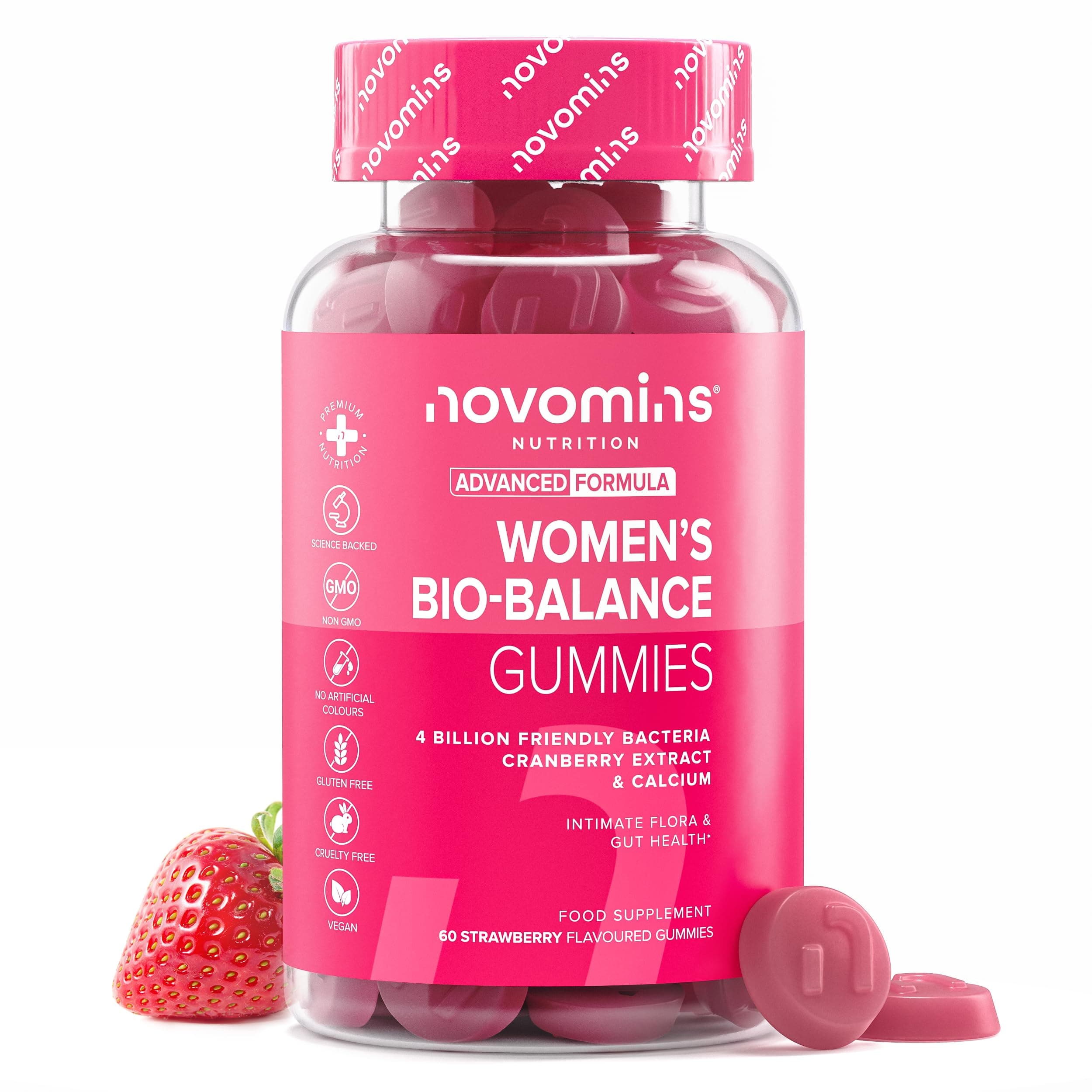 Probioticos Mujer Flora Intima - 60 Gominolas - 4 Mil Millones de UFC y 3 Cepas - con Calcio y Arándano Rojo - Multivitaminas Mujer con Probioticos - Vegano y Sin Gluten - Sabor Fresa - Novomins