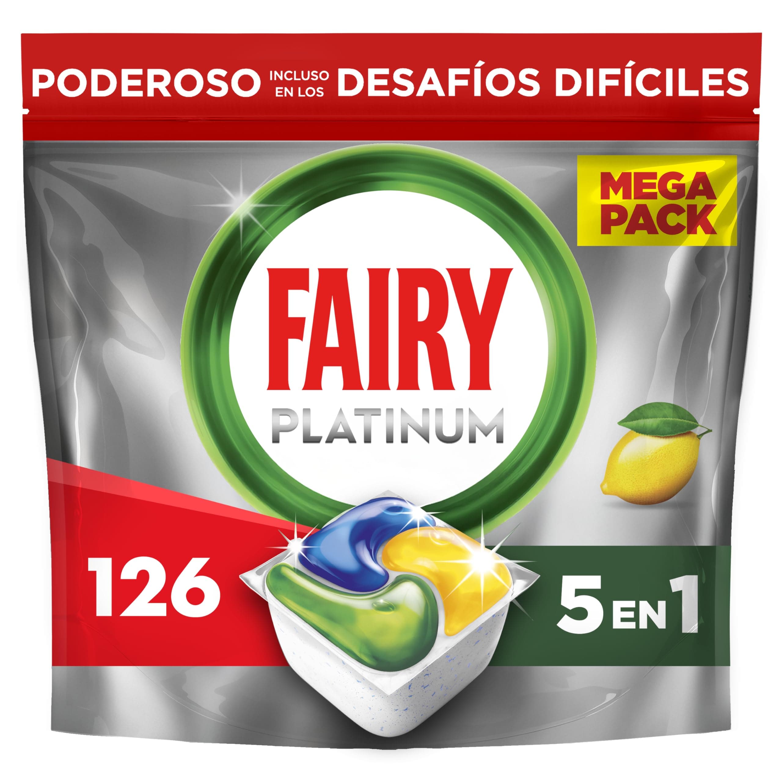 Fairy Platinum Limón, Cápsulas De Lavavajillas Todo En Uno, 126 Cápsulas, Para Los Restos Más Difíciles, Limpia Incluso La Grasa De Los Filtros, El embalaje puede variar