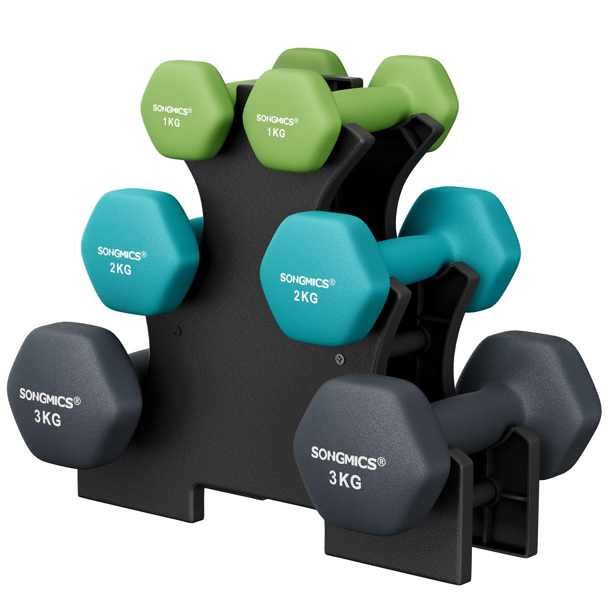 SONGMICS Hantel-Set, 3 Paar, 1kg-3kg，9kg oder 12kg, Aufbewahrung, Fitnessstudio, Krafttraining, rutschfeste Neopren-Beschichtung