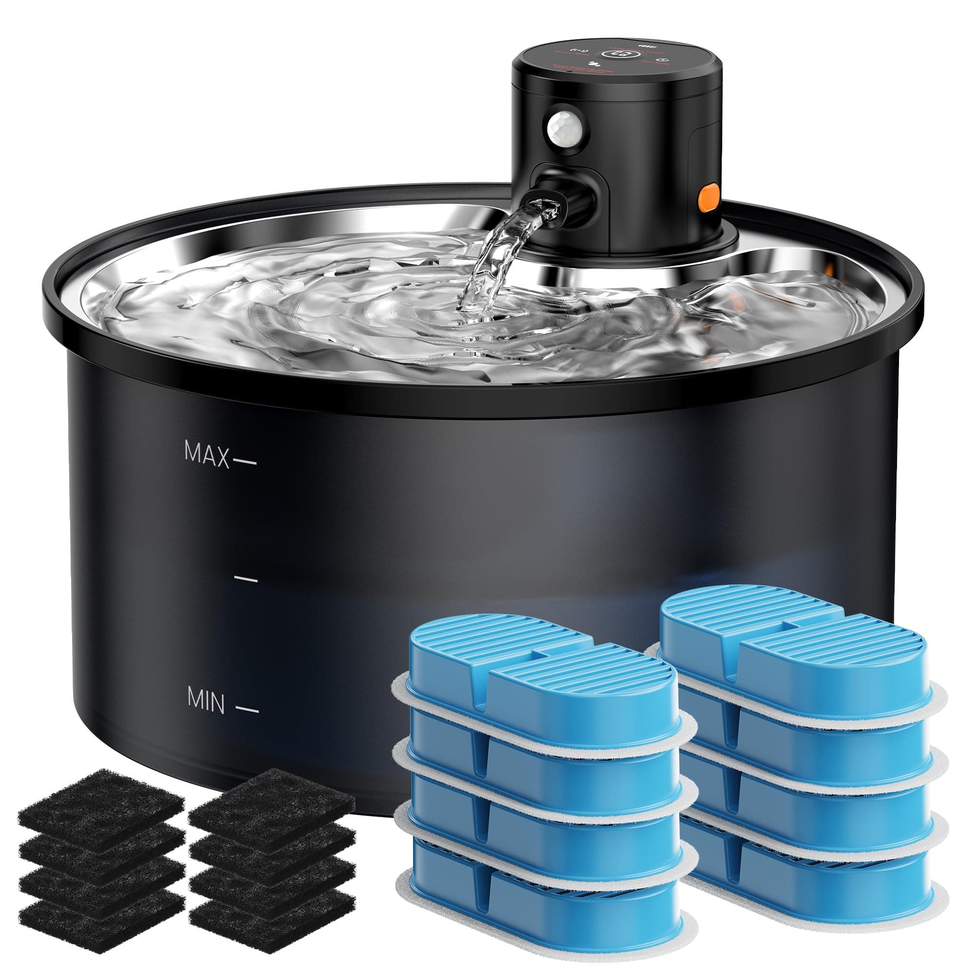 Fuente para Gatos sin Cable: Bebedero Gatos Automatico - Fuente Gato con Sensor de Movimiento - 3.2L Fuentes Agua Gato con Bateria 4000mAh Recargable - 3 Modos - con 8 Filtros + 8 Esponjas