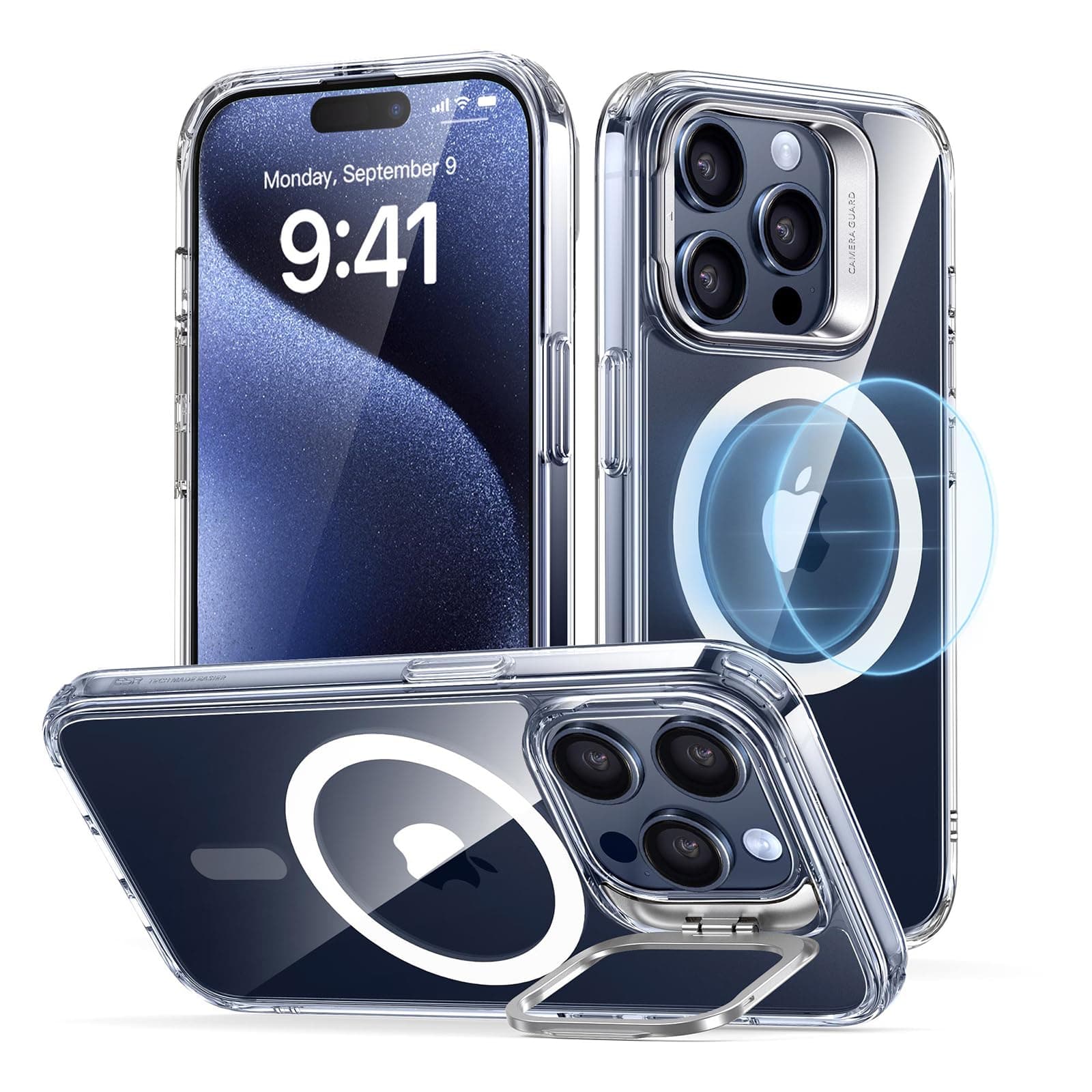 ESR für iPhone 15 Pro Hülle für MagSafe, Militärnorm Schutzhülle Upgrade integrierter Versteck Ständer Handyhülle Case für iPhone 15 Pro Case, Kratzfeste Rückseite, Klar