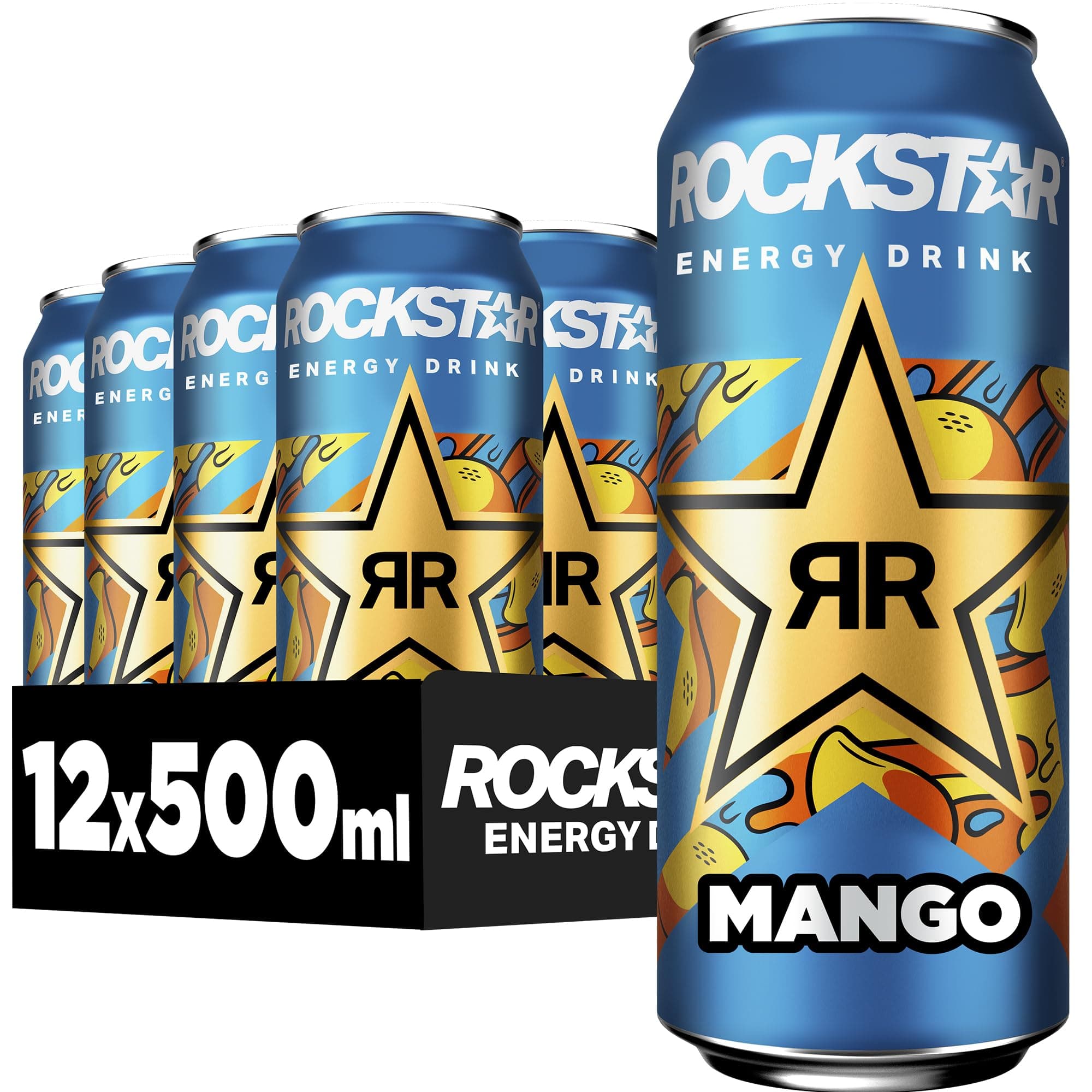 Rockstar Energy Drink Mango Geschmack - Exotisches, koffeinhaltiges Erfrischungsgetränk für den Energie Kick, EINWEG (12 x 500ml) (Verpackungsdesign kann abweichen)