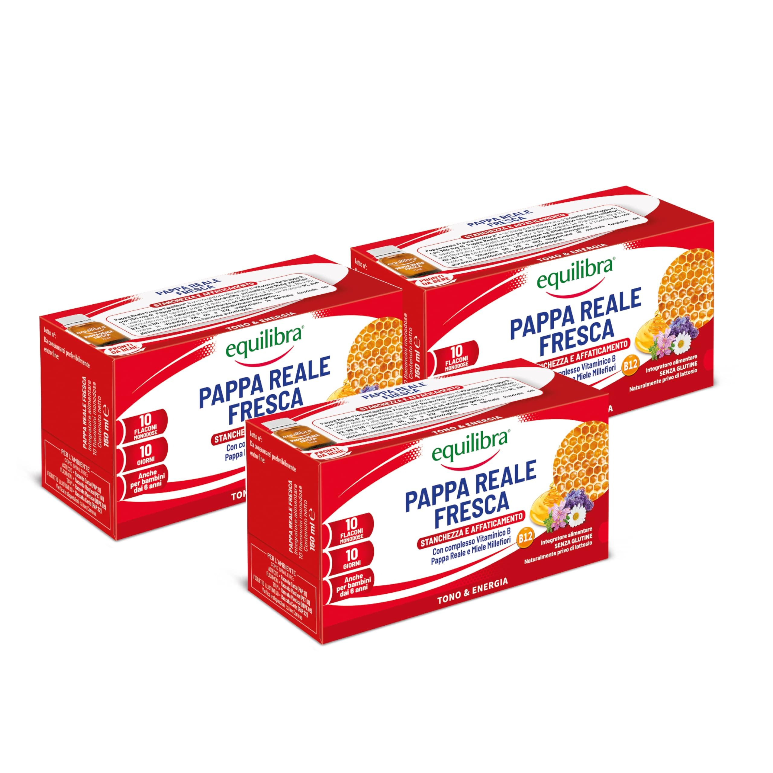 Equilibra Integratori Alimentari, Pappa Reale Fresca, Integratore con Vitamine del Gruppo B, Arricchito con Miele Millefiori, Adatto Anche ai Bambini Sopra i 6 Anni, 3 Confezioni da 10 Flaconcini