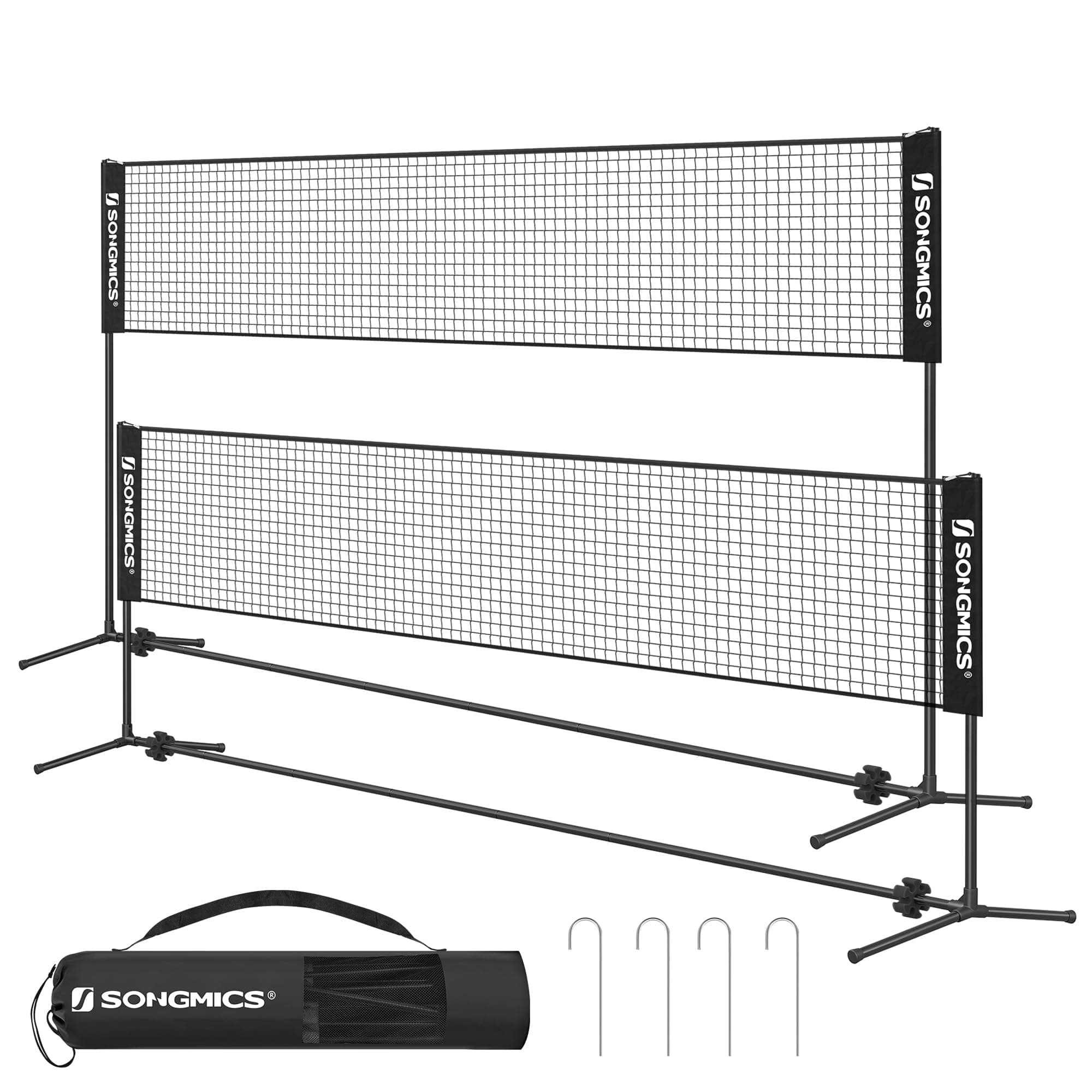 SONGMICS 300 cm/400 cm/500 cm Badmintonnetz, Volleyballnetz, höhenverstellbare Stangen, tragbares Set für Tennis, Beach-Volleyball, für Garten, Park, Outdoor