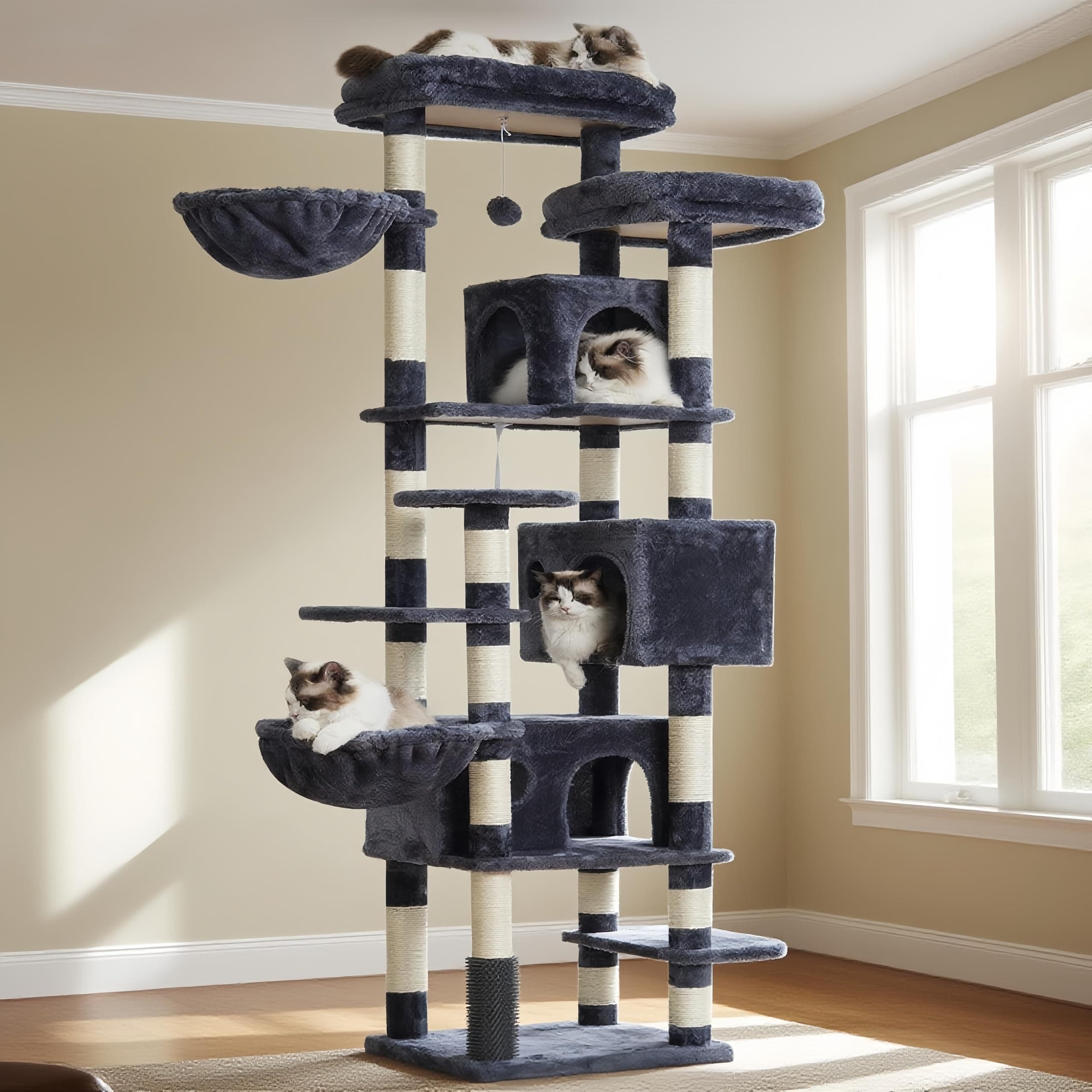 Hey-brother Árbol para Gatos Rascador XXL, Torre de Gatos Multi - Nivel de 188 cm de Altura,con 2 Grandes Plataformas, 3 Cuevas y 2 Cestas, Gris humeado 0EMPJ035-MG