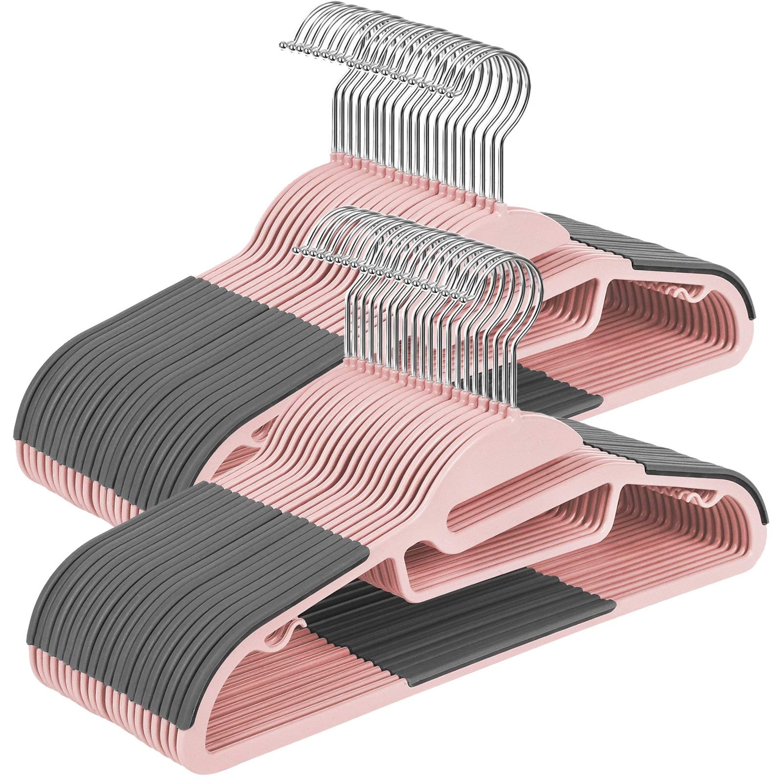 SONGMICS Kleiderbügel Kunststoff, 50er Set, Bügel mit U-förmiger Öffnung, platzsparend, 0,5 cm dick, 41,5 cm breit, um 360° drehbarer Haken, rosa-dunkelgrau CRP041P02
