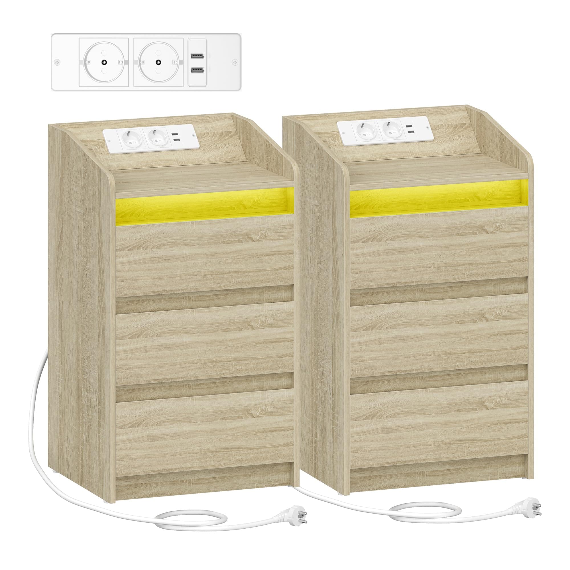 Hzuaneri Mesilla de Noche de 2 con 3 Cajones, Mesa Auxiliar con Estación de Carga y LED, 2 Tomas CA y 2 Puertos USB para Dormitorio, Salón, Color Roble NS40116X