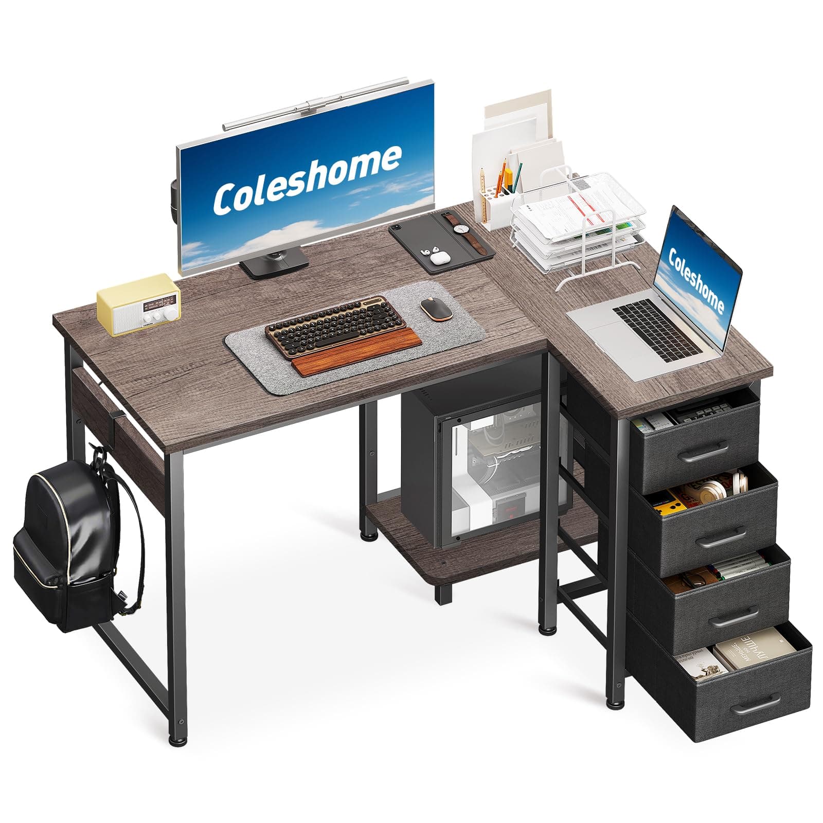 Coleshome Escritorio Esquinero con 4 Cajones de Tela,100x70cm Escritorio en L Reversible con Almacenamiento y Estanteria, Mesa Escritorio para Oficina en Casa y Dormitorio, Roble Gris