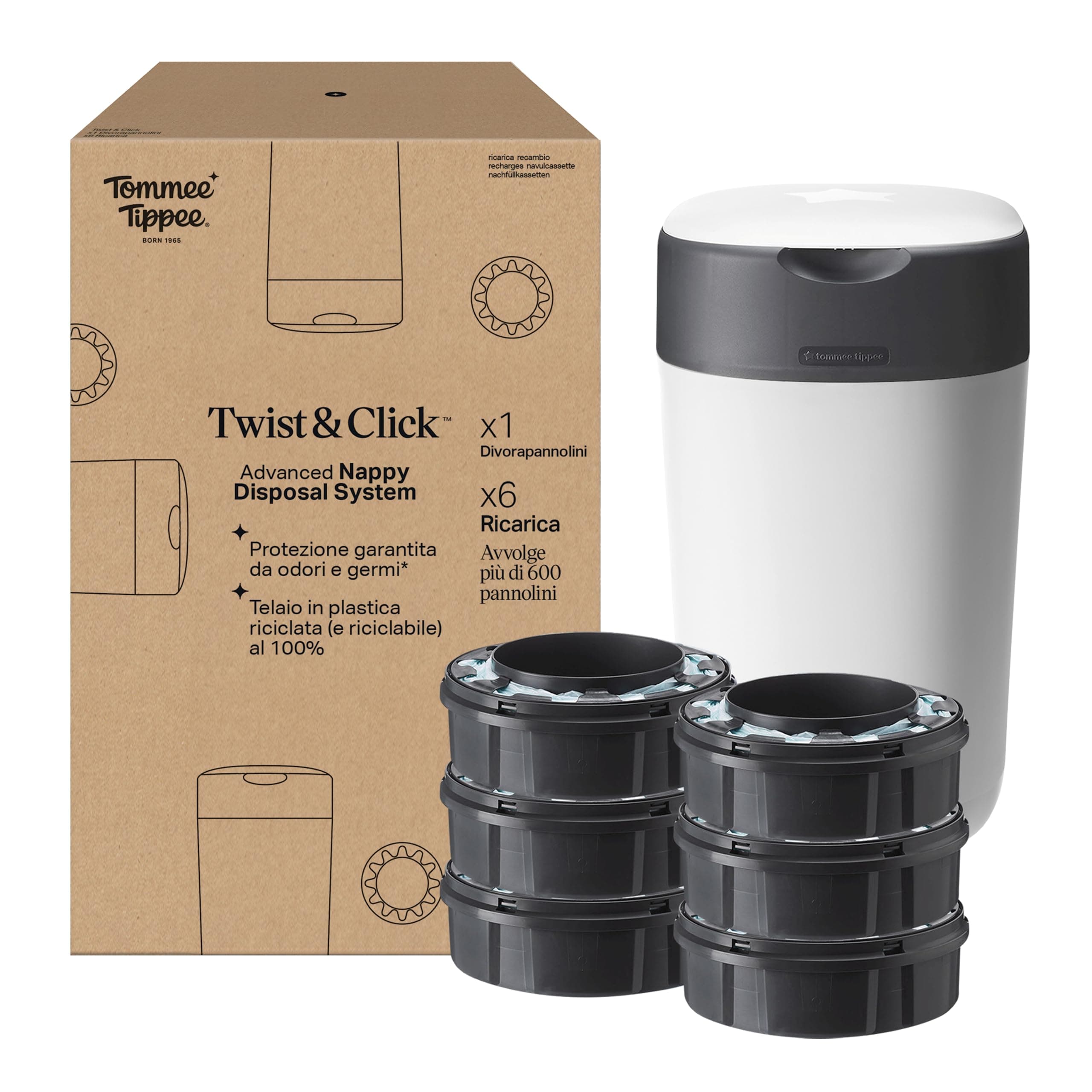 Tommee Tippee Starter set Mangiapannolini Twist & Click con 6 Ricariche con Pellicola Antibatterica Multistrato, Bianco (la confezione può variare)