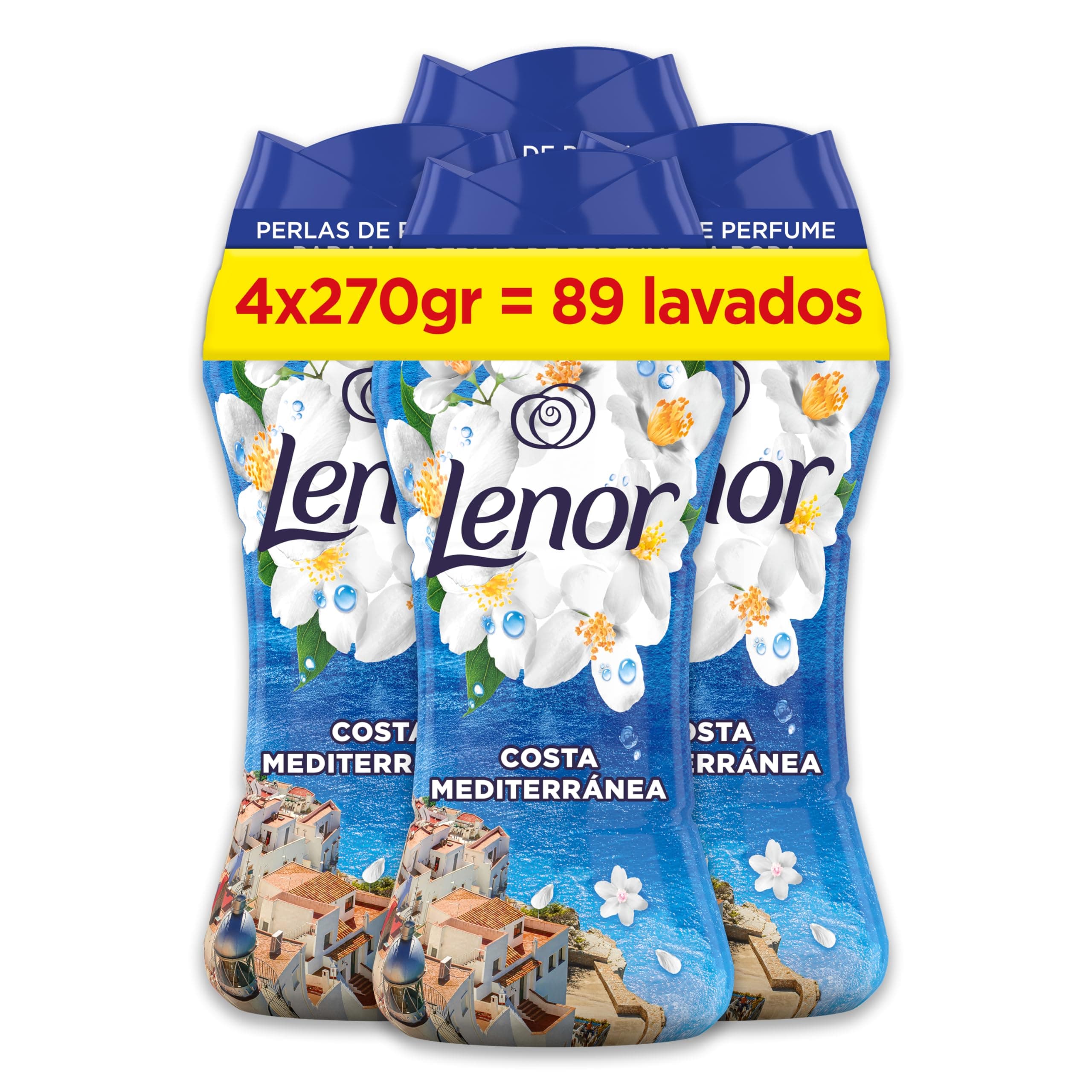 Lenor Perlas De Perfume para la Ropa, 89 Lavados (4 x 270g), Brisa Marina Y Jazmín, Edición Limitada Costa Mediterránea, Frescor Ininterrumpido Hasta 12 Semanas