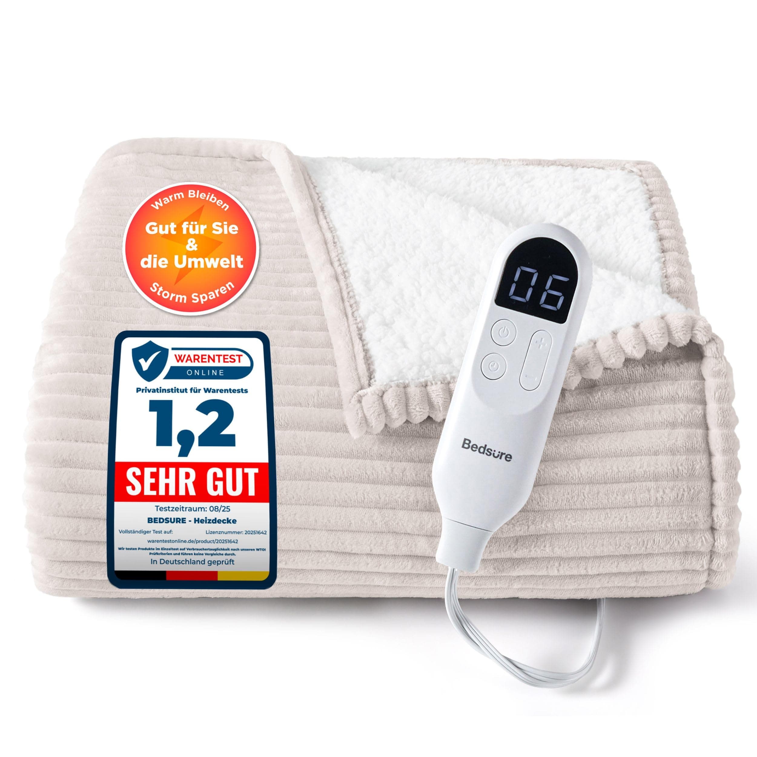 BEDSURE Heizdecke Wärmedecke Elektrische Kuscheldecke - mit Abschaltautomatik, 6 Heizstufen & 10 Stunden Timer, bis zu 8 Stunden Überhitzungsschutz für Home & Office, 130x180cm, Gestreift Natur