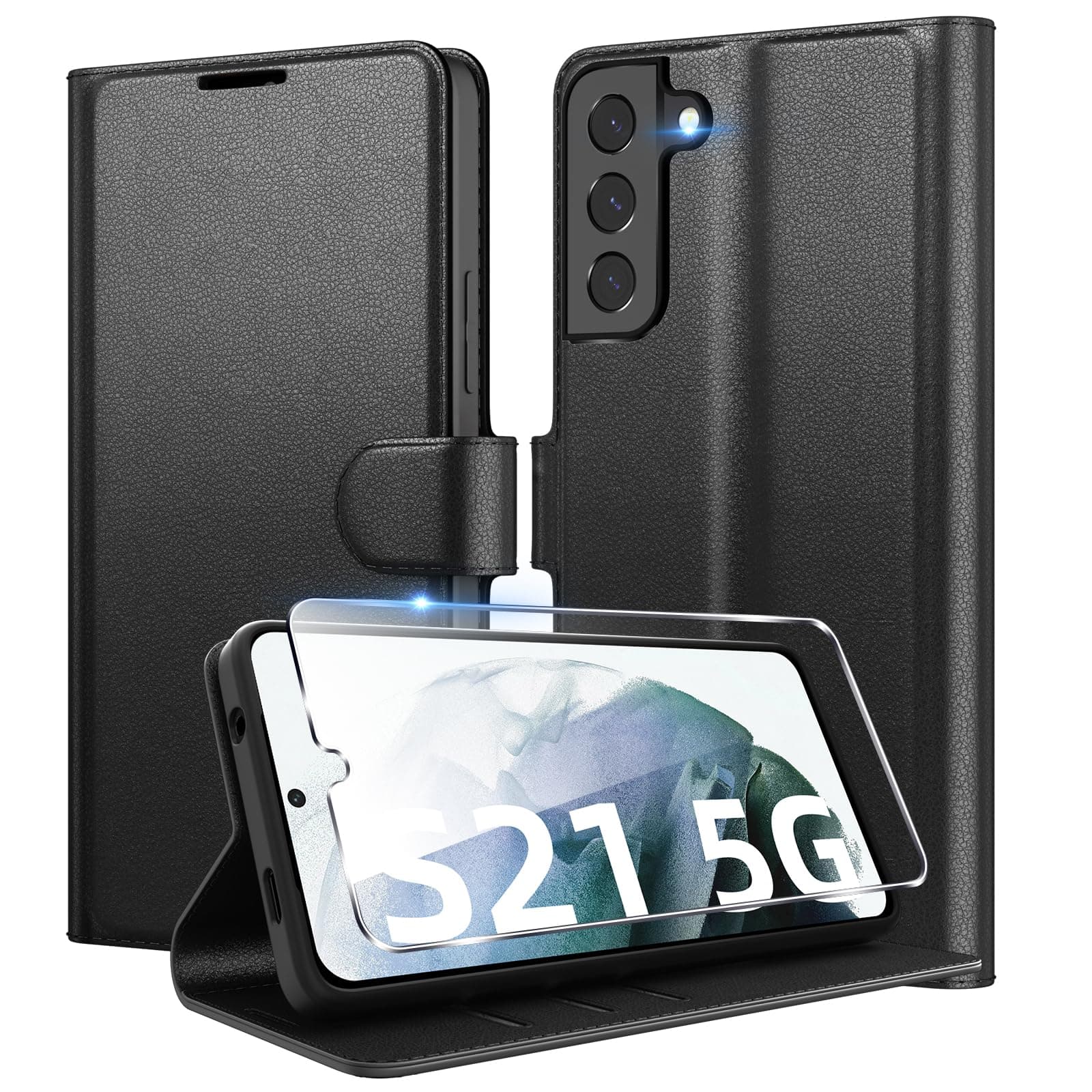 Eirltiy Coque pour Samsung Galaxy S21 5G + 1 Verre Trempé Protection écran,[Housse Premium en Cuir PU][Fentes pour Cartes][Pochette de Portefeuille],Etui à Rabat pour Samsung S21 - Noir