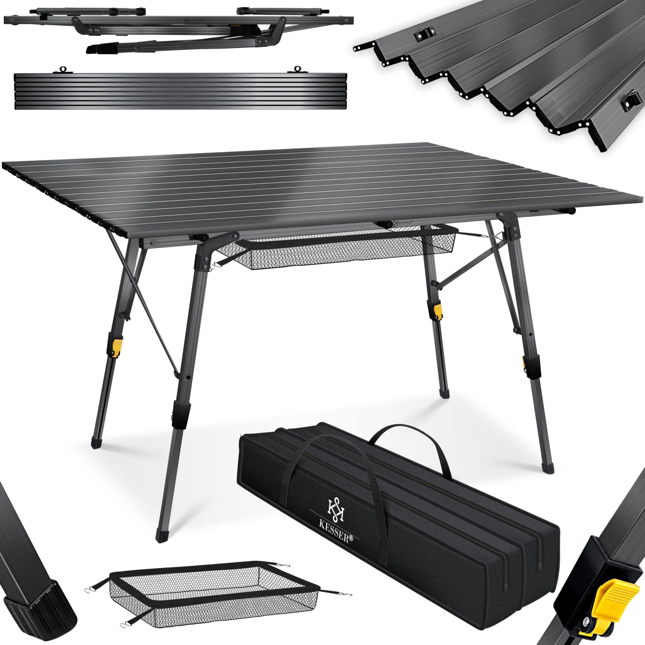 KESSER® Campingtisch faltbar Klapptisch mit Aluminiumrahmen Aufrollbare Tischplatte Falttisch klappbar Höhenverstellung 120x70cm - bis 100 kg inkl. Tragetasche mit Trageband & Netztasche, Anthrazit