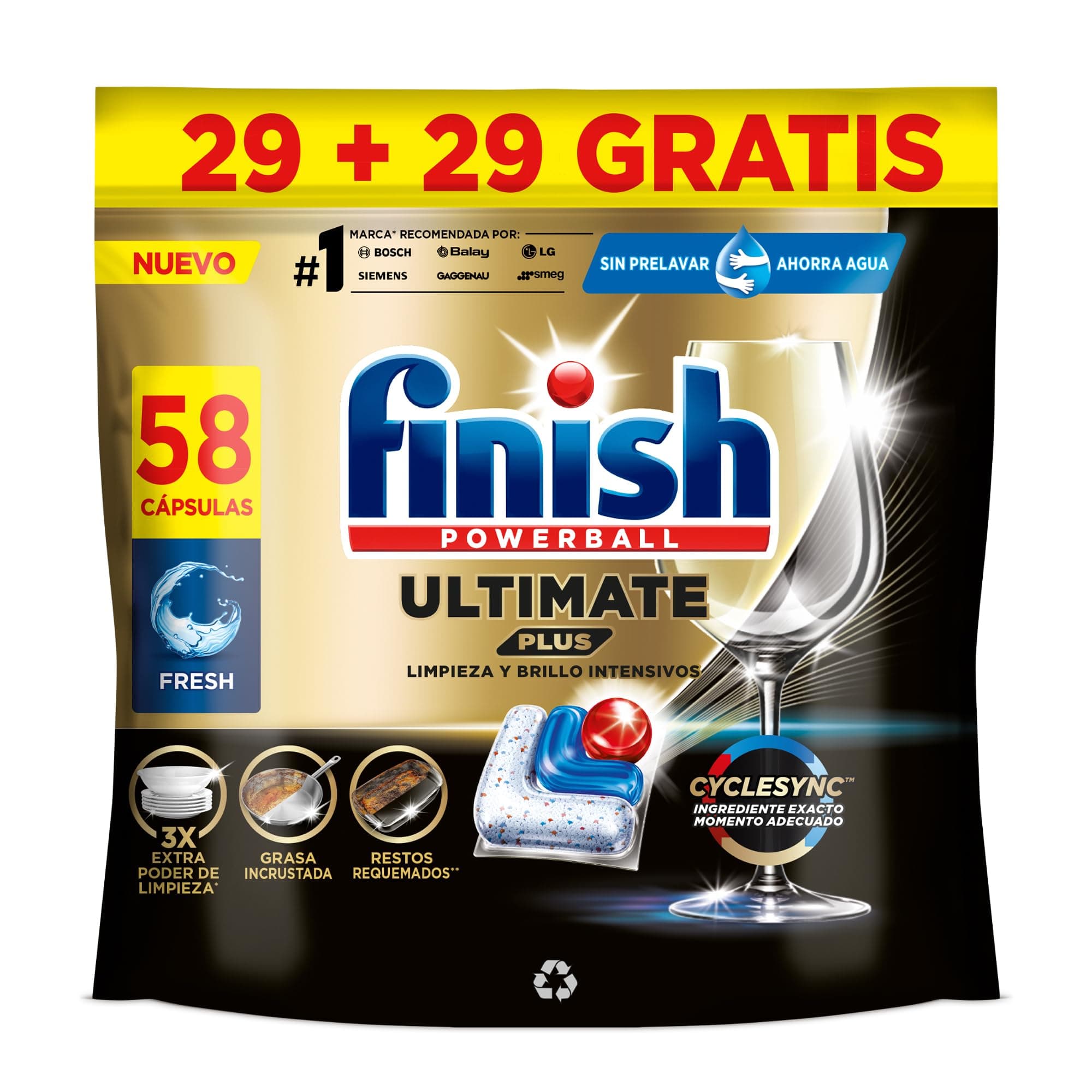 Finish Powerball Ultimate Plus All in 1 Pastillas Lavavajillas, Nuestra Máxima Limpieza y Brillo Diamante, 58 pastillas