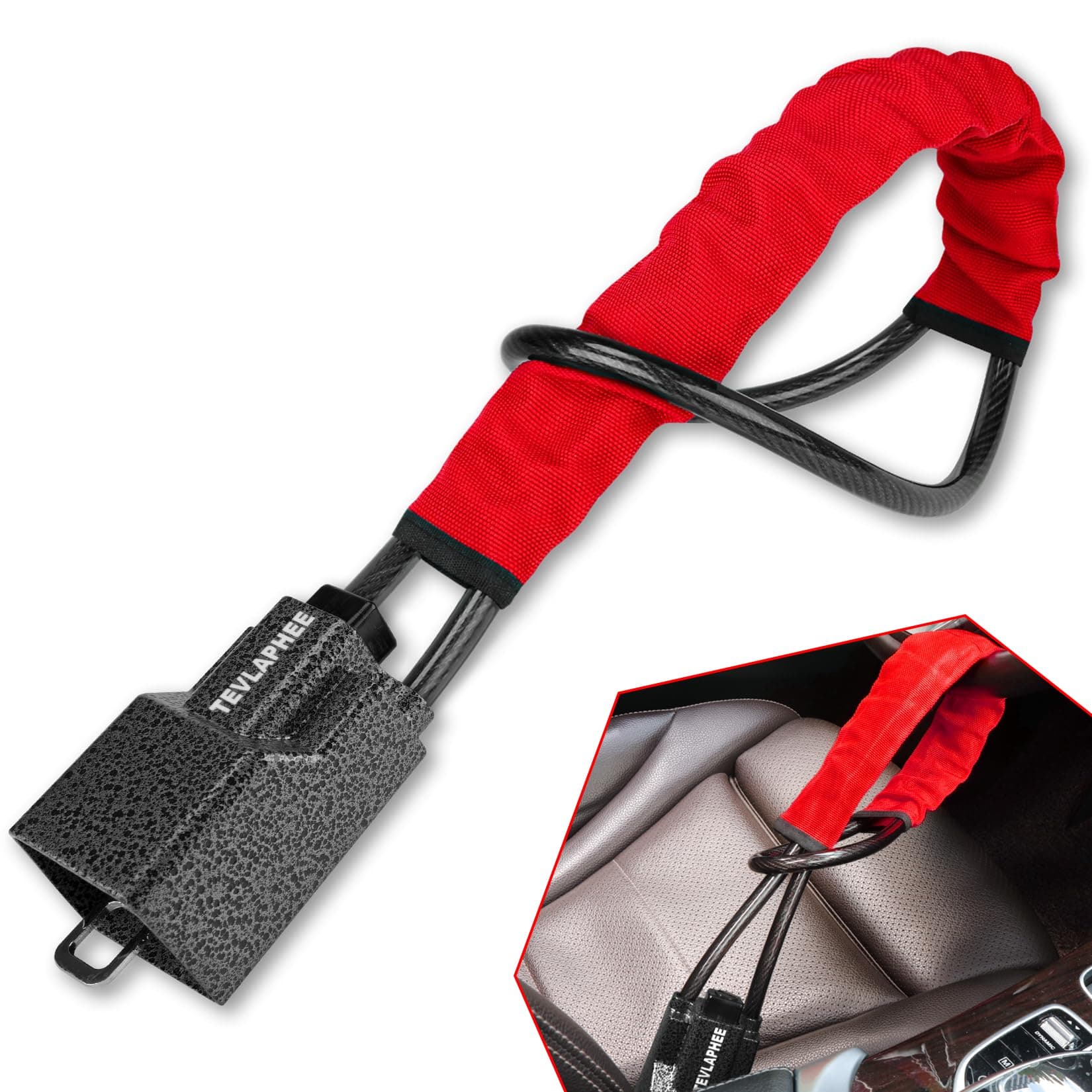 Tevlaphee Antivol Volant Amélioré, Bloque Ceinture, Tête Métal, Dispositif Antivol Auto Haute Visibilité, Robuste, Universel pour Voiture, SUV, Pickup, Jeep, Van, 3 Clés(Rouge)