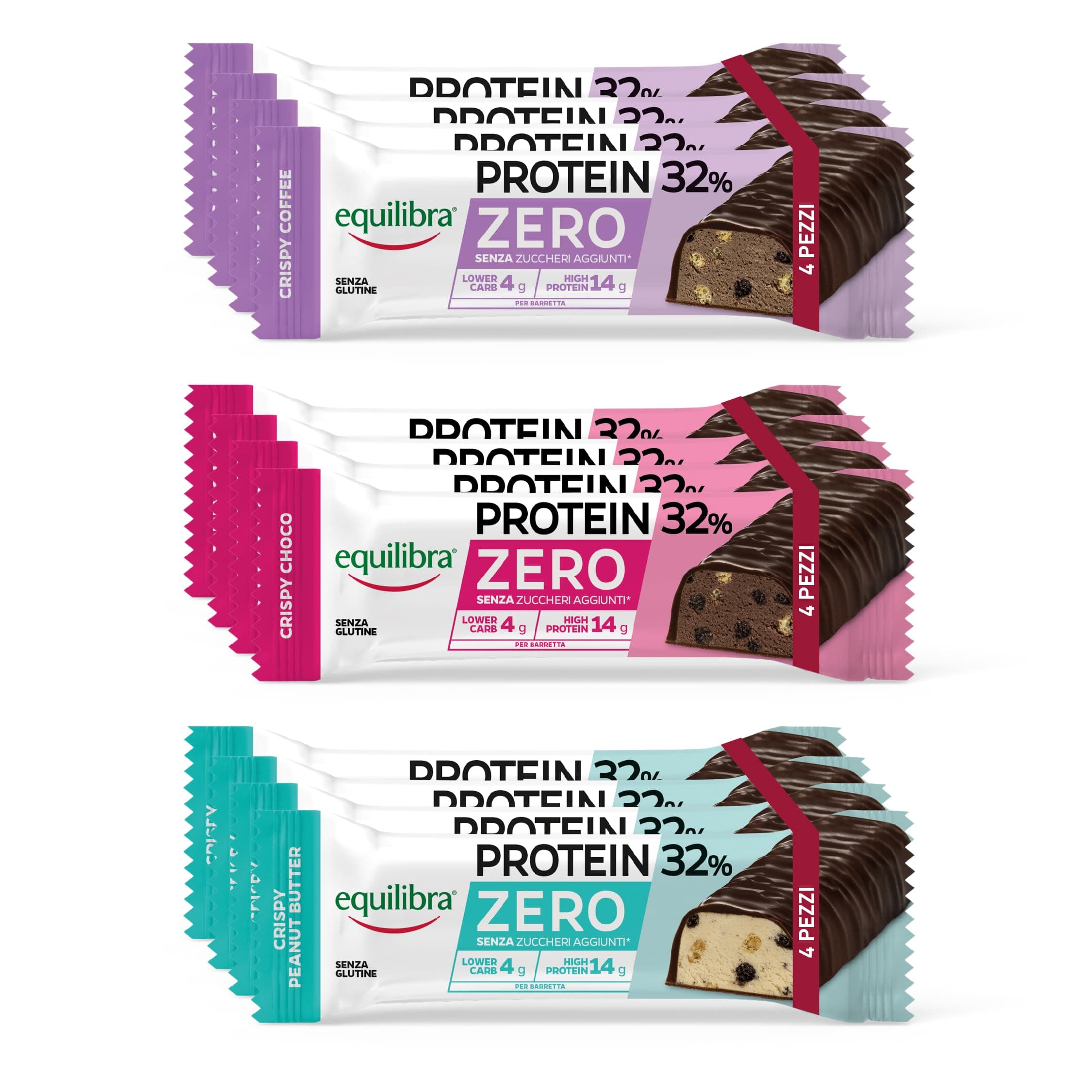 Equilibra Alimenti Proteici, 32% Zero, Barrette Senza Zuccheri Aggiunti, Crispy Peanut Butter, Choco e Coffee, Lower Carb, High Protein, No Glutine, 12 pezzi da 45g