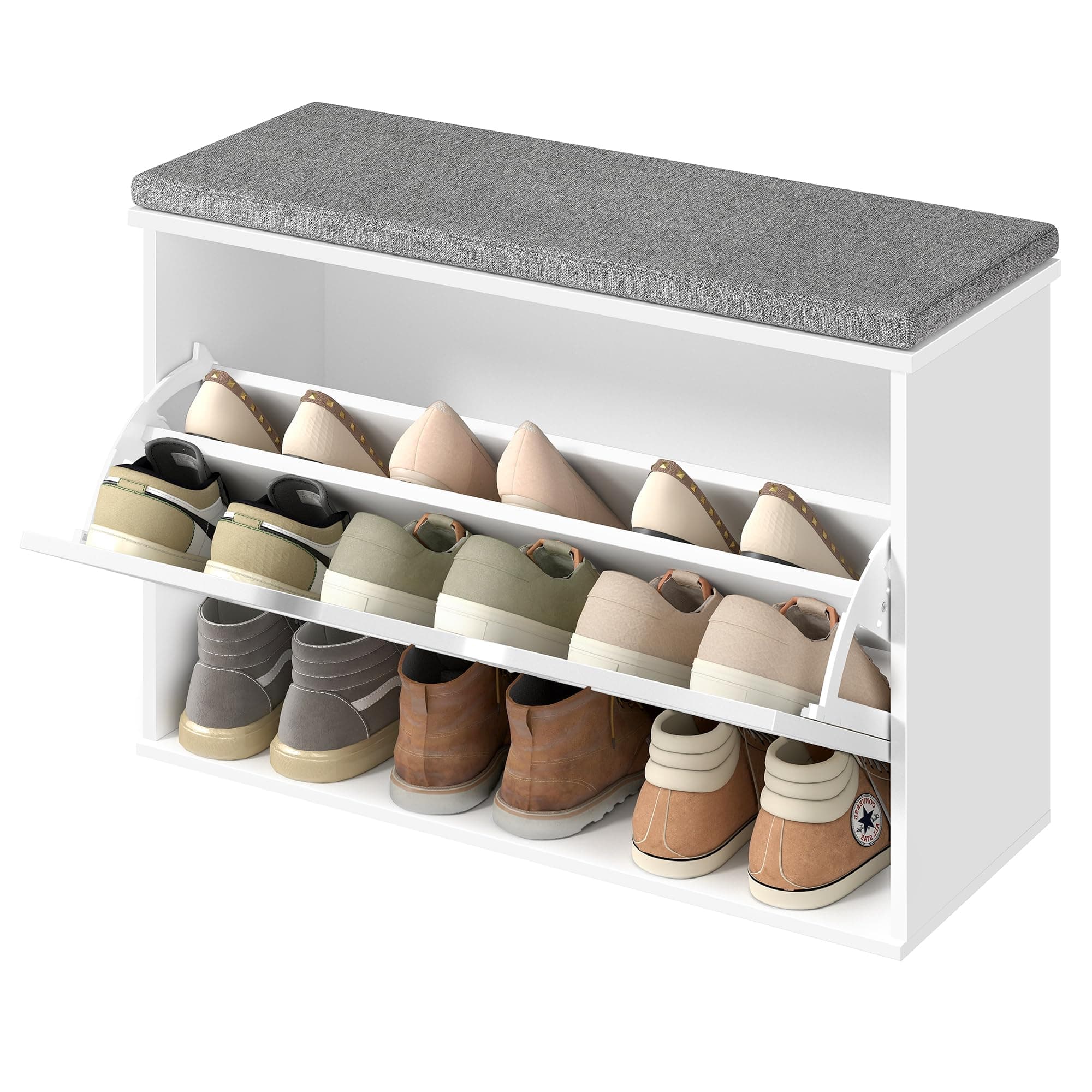 VASAGLE Banco Zapatero Acolchado, Mueble de Recibidor de 3 Niveles para 9 Pares de Zapatos, Cajón Abatible, 30 x 80 x 53,5 cm, para Entrada, Dormitorio, Blanco Nube y Gris Paloma LSB122WB01