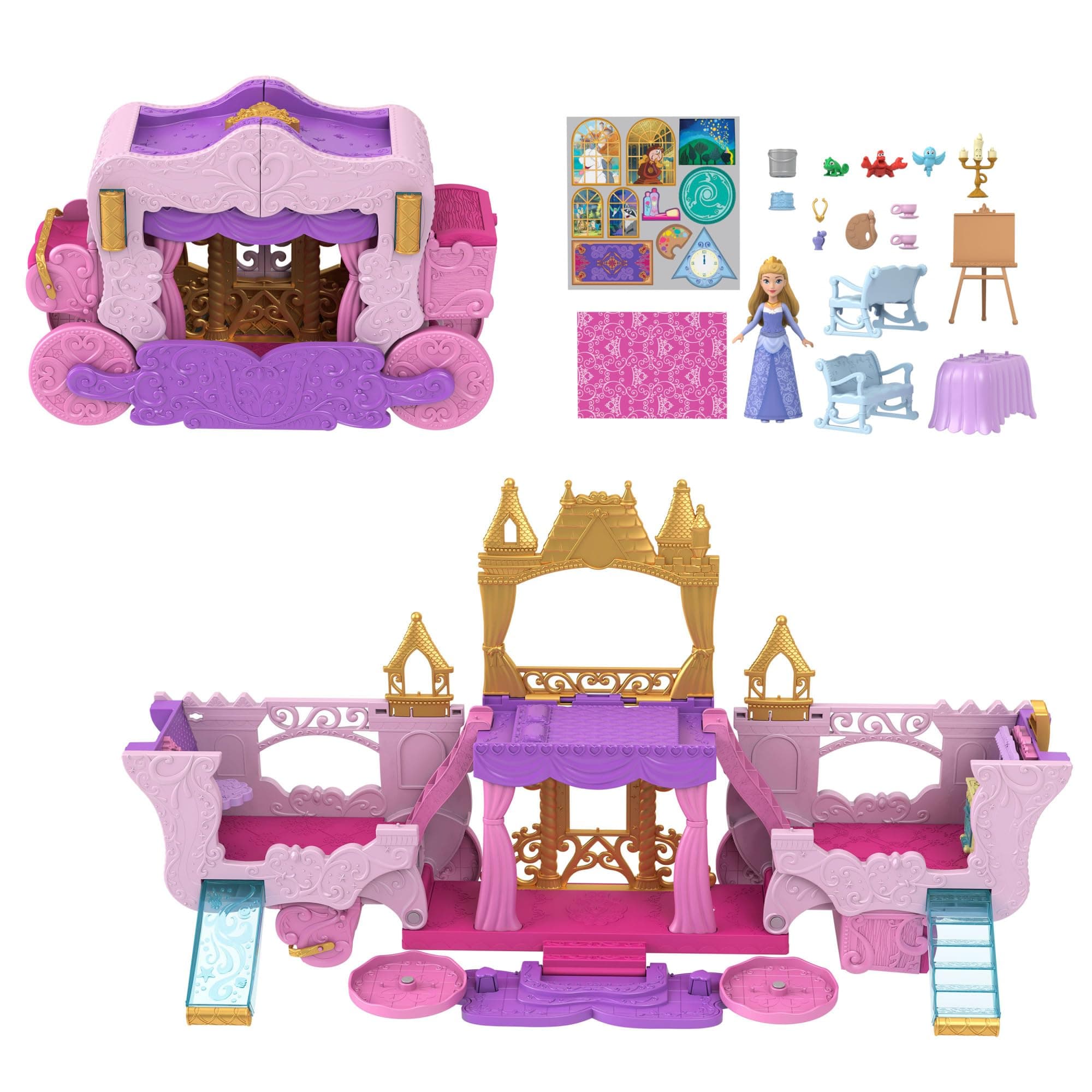 Mattel Disney Prinzessin Verwandlungs-Spielset Kutsche zu Schloss mit kleiner Puppe Aurora, 3 Ebenen, 6 Spielbereichen, 4 Figuren, Möbeln & Zubehör HWX17