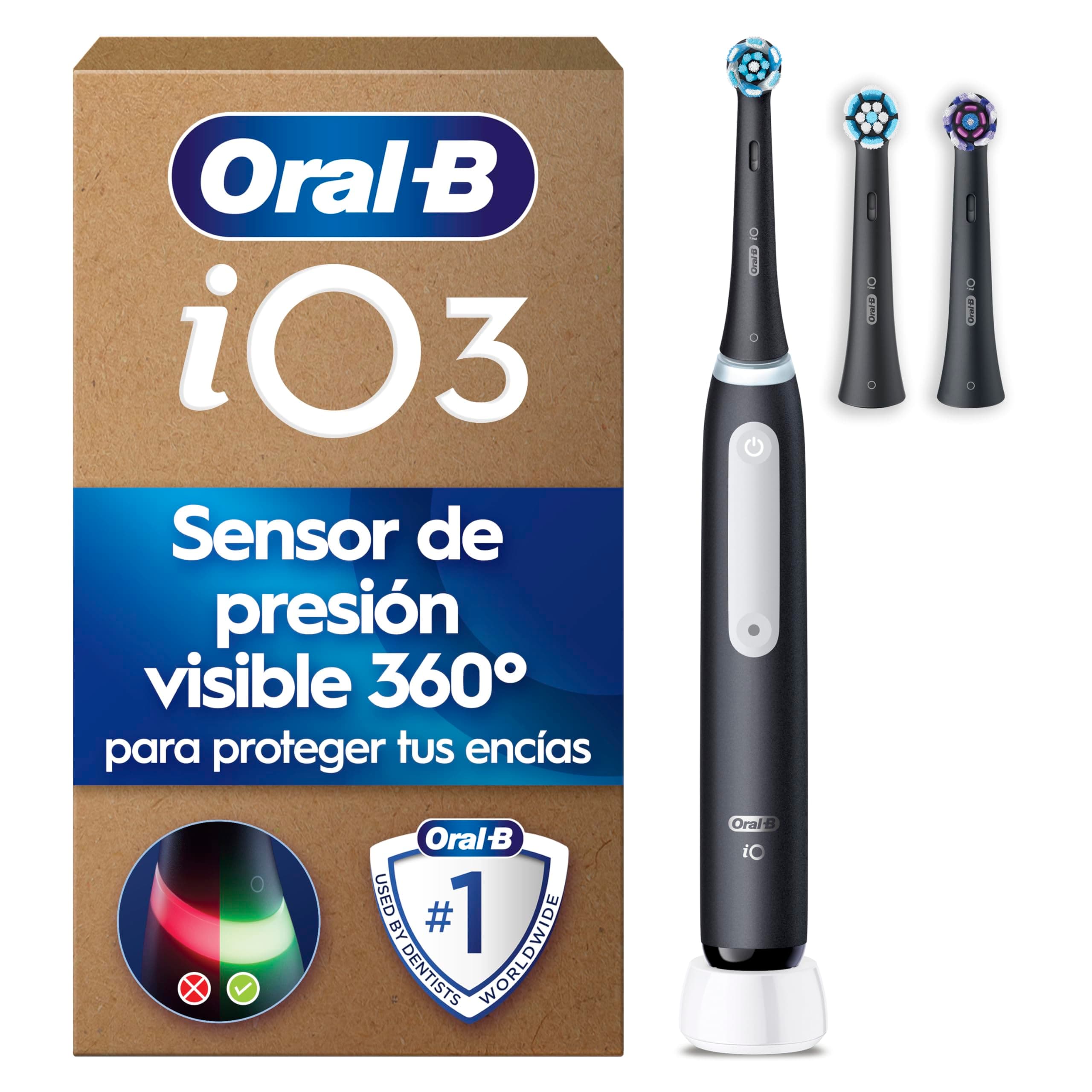 Oral-B iO 3 Cepillo de Dientes Eléctrico Negro con 3 Cabezales, 3 Modos De Cepillado Con Blanqueamiento Dental, Sensor De Presión y Temporizador, Diseñado por Braun