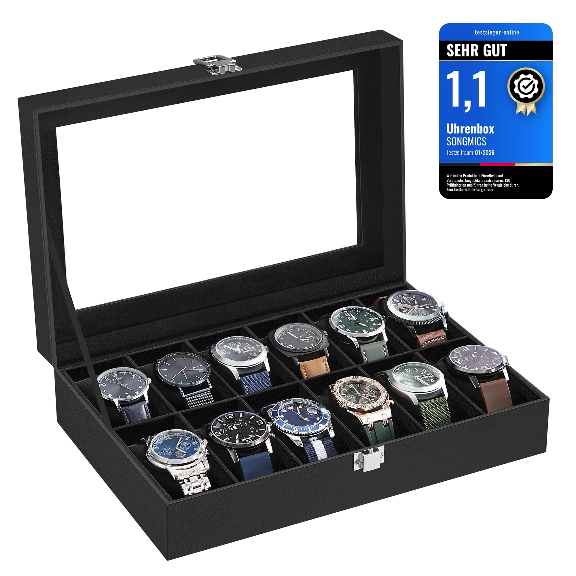 SONGMICS Uhrenbox mit 12 Fächern, Uhrenkasten mit Glasdeckel, Uhrenkoffer mit herausnehmbaren Uhrenkissen, Premium-Uhrenschatulle, PU-Bezug in Schwarz, Samtfutter in Schwarz JWB12B