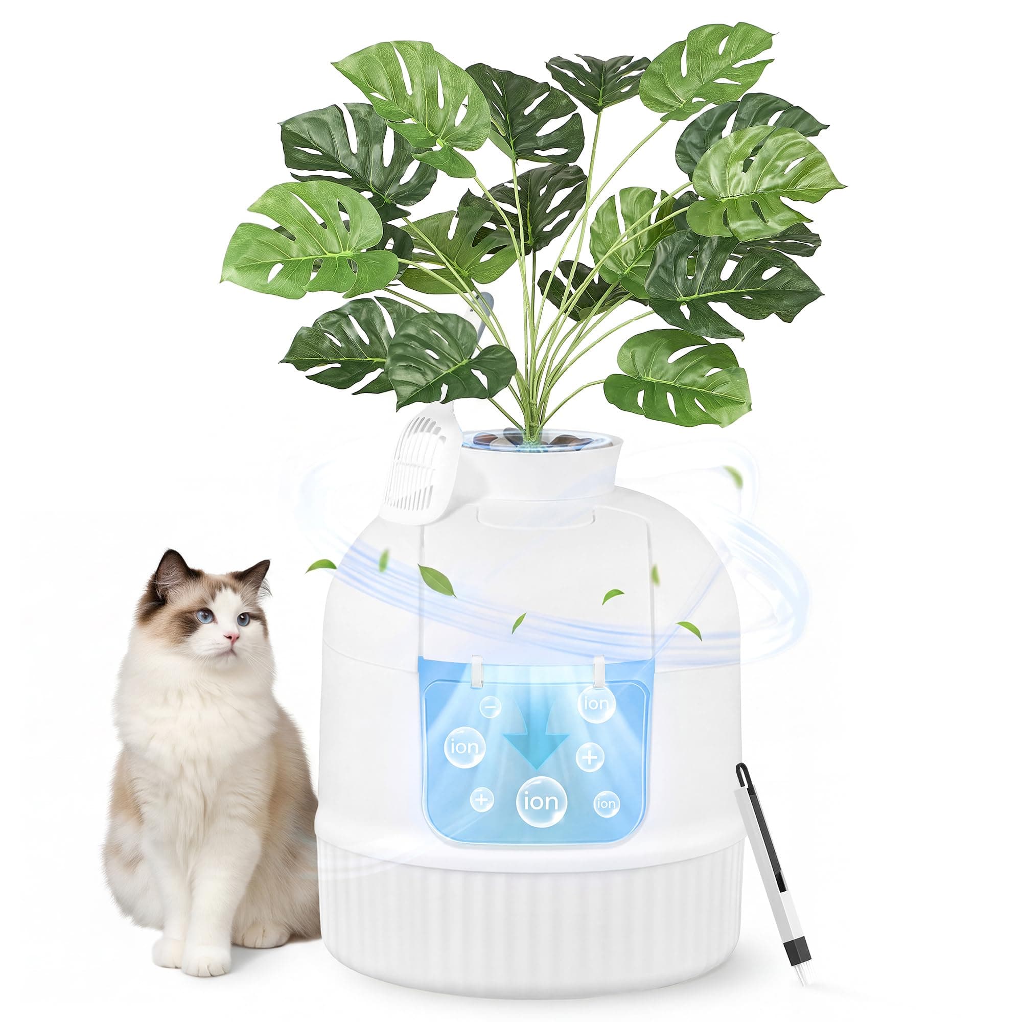 Feandrea Meuble Litière Chat, avec Fausse Plante, Bac à Litière pour Chat avec Porte, Filtre à Charbon, Contrôle des Odeurs, Galets Décoratifs, Pelle, Brosse, Blanc Nuage PPT006W101
