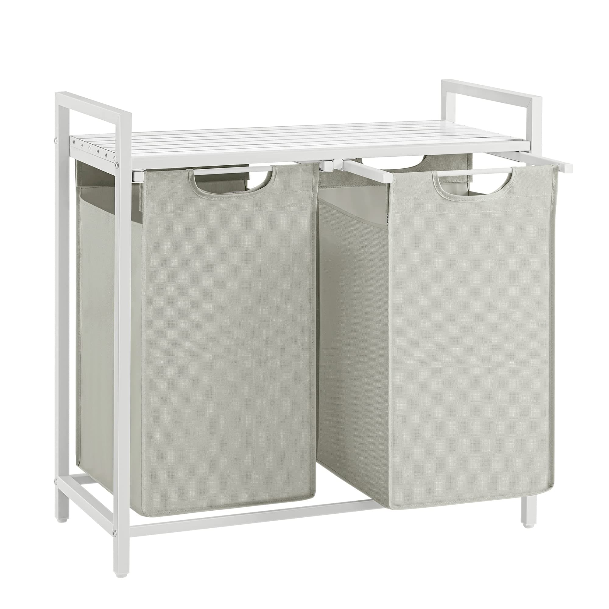 VASAGLE Cesto Portabiancheria, Porta Biancheria, 2 Sacchi in Tessuto Rimovibili, Piano d’Appoggio, Metallo, 2 x 46 L, 73 x 33 x 72 cm, Bianco Crema e Bianco Opaco BLH201W01
