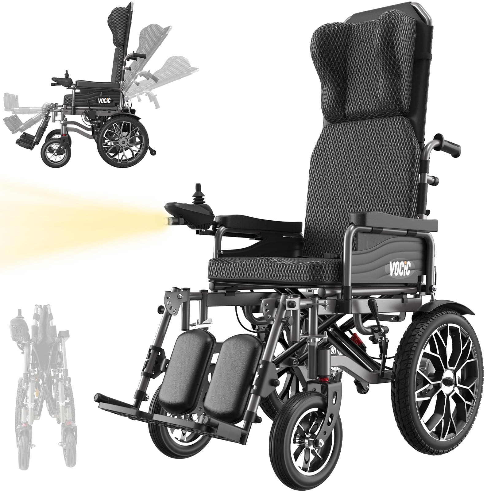 VOCIC V57 Fauteuil roulant électrique ergonomique pliable léger avec dossier inclinable à 165°, fauteuil roulant électrique de 30KM pour seniors jusqu'à 150KG, fauteuil roulant électrique de 500W avec