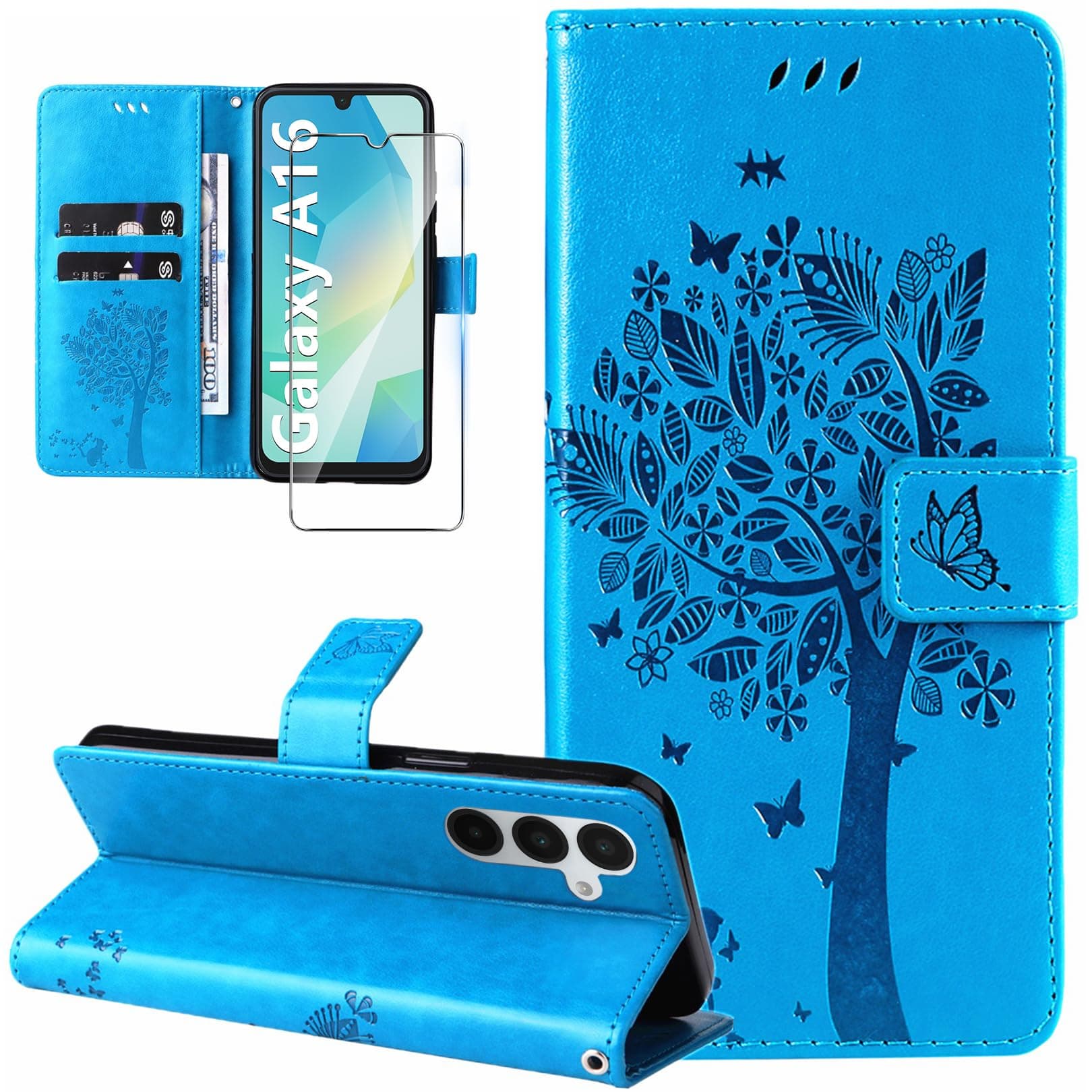 Dcjlbo Cover per Samsung Galaxy A16 4G/5G Custodia Cover in Pelle Portafoglio a Libro con Pellicola Vetro Temperato Porta Carte Cover Flip Case Cuoio Antiurto Custodia per Samsung A16 4G/5G-Blu