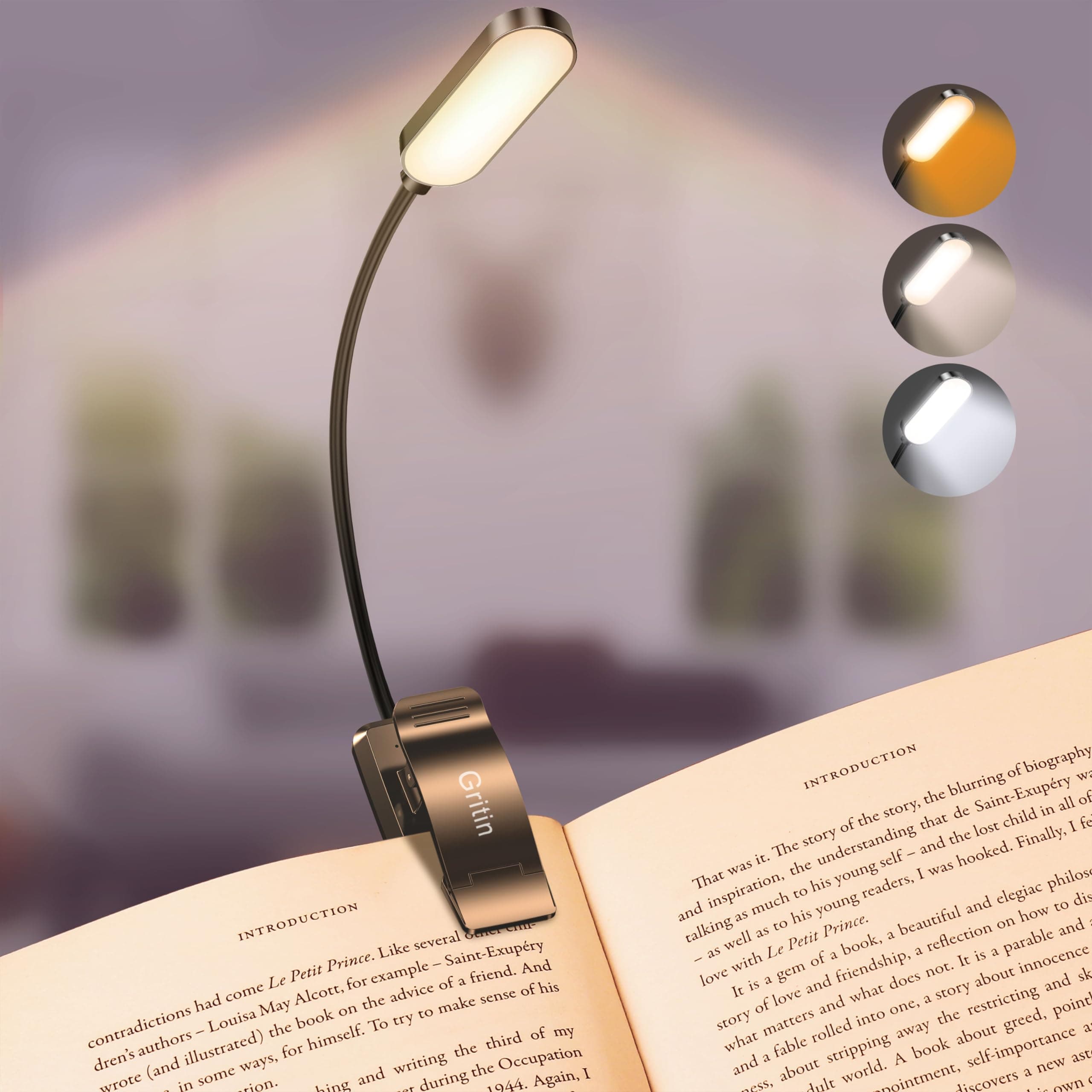 Luce da Lettura a 16 LED, Gritin Lampada da Lettura Ricaricabile, 3 Modalità di Temperatura Colorei (Bianca/Ambrata/Mista), Dimmerabile Senza Livelli, 360°Flessibile Clip Luce Lettura Libri a Letto