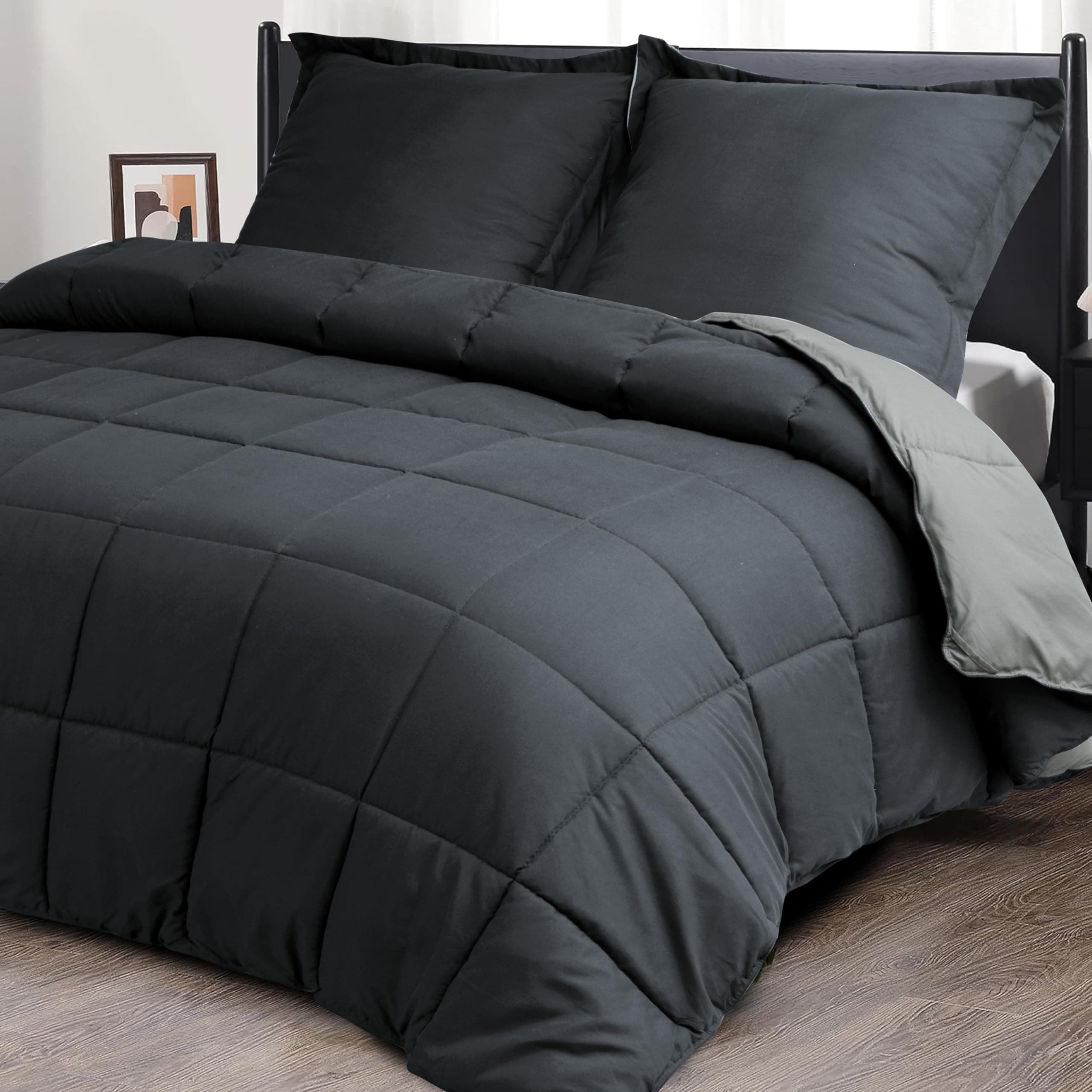 HIG 3 pièces Couette 200x200 cm pour lit 2 Personne – 250GSM Microfibre Douce Couette Réversible avec 2 Taies d'oreiller 65x65 cm – Certifié Oeko-TEX Matelassée pour Les 4 Saisons(Gris)