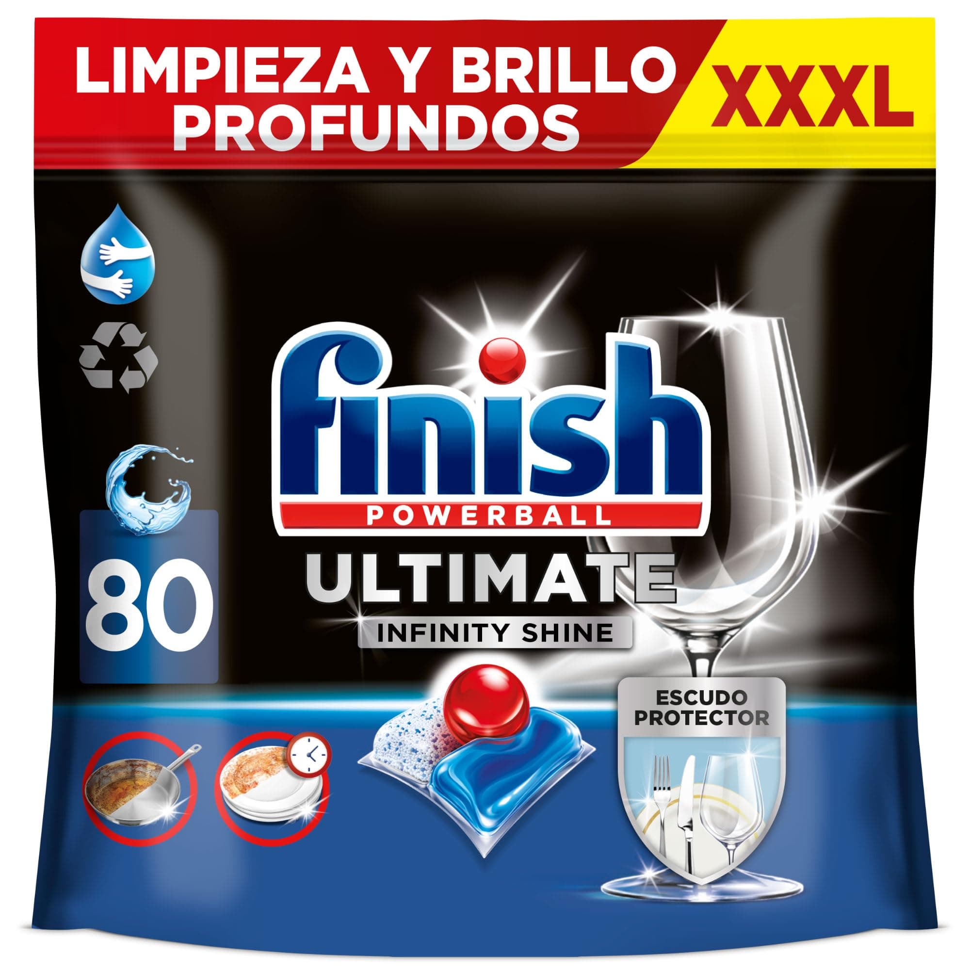 Finish Powerball Ultimate Infinity Shine, pastillas para el lavavajillas con poder quitagrasas y protección del cristal, 80 pastillas