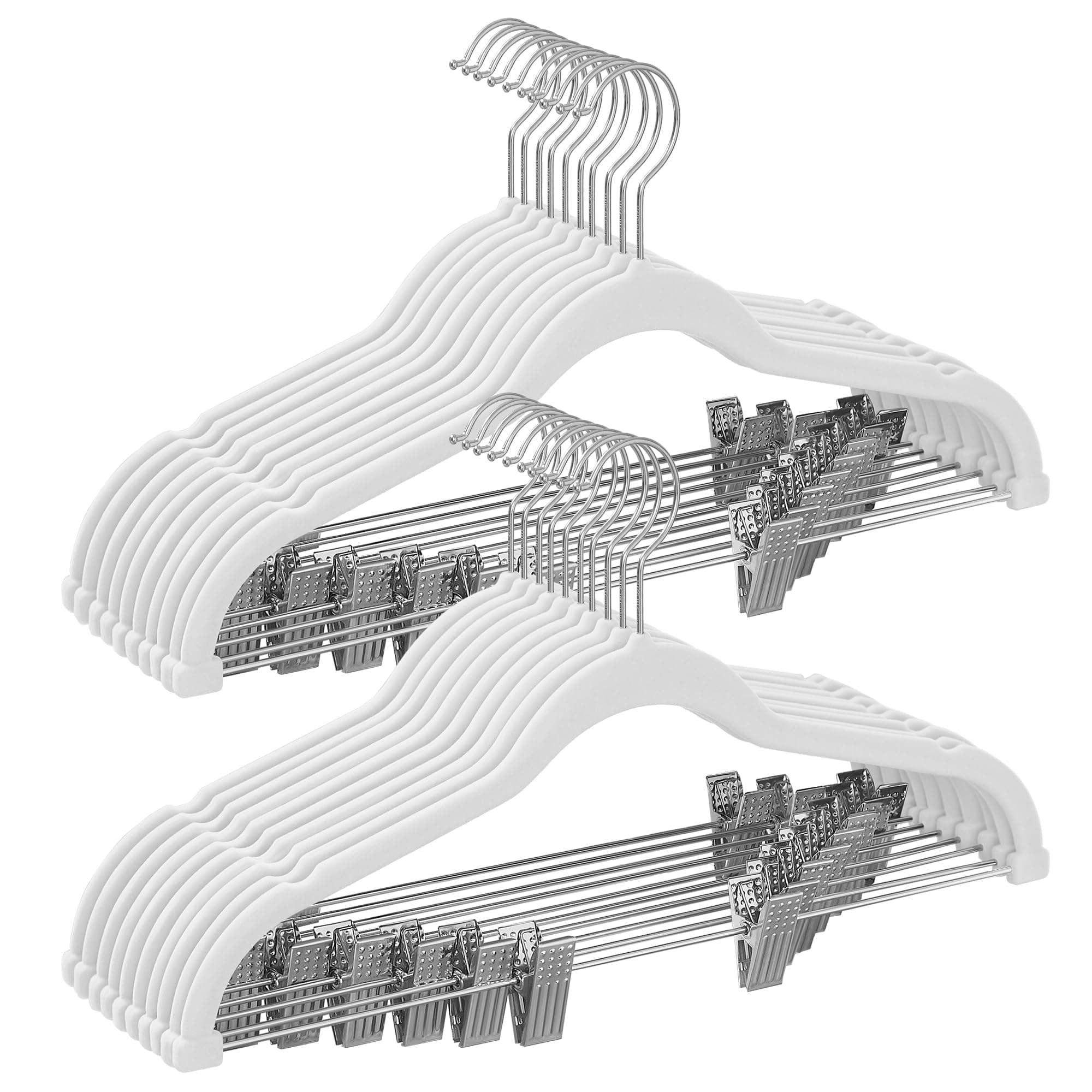 SONGMICS Kleiderbügel Samt, 20er Set, Hosenbügel, 42,5 cm lang, mit verstellbaren Clips, rutschfest, platzsparend, für Hosen, Mäntel, Kleider, weiß CRF012W20
