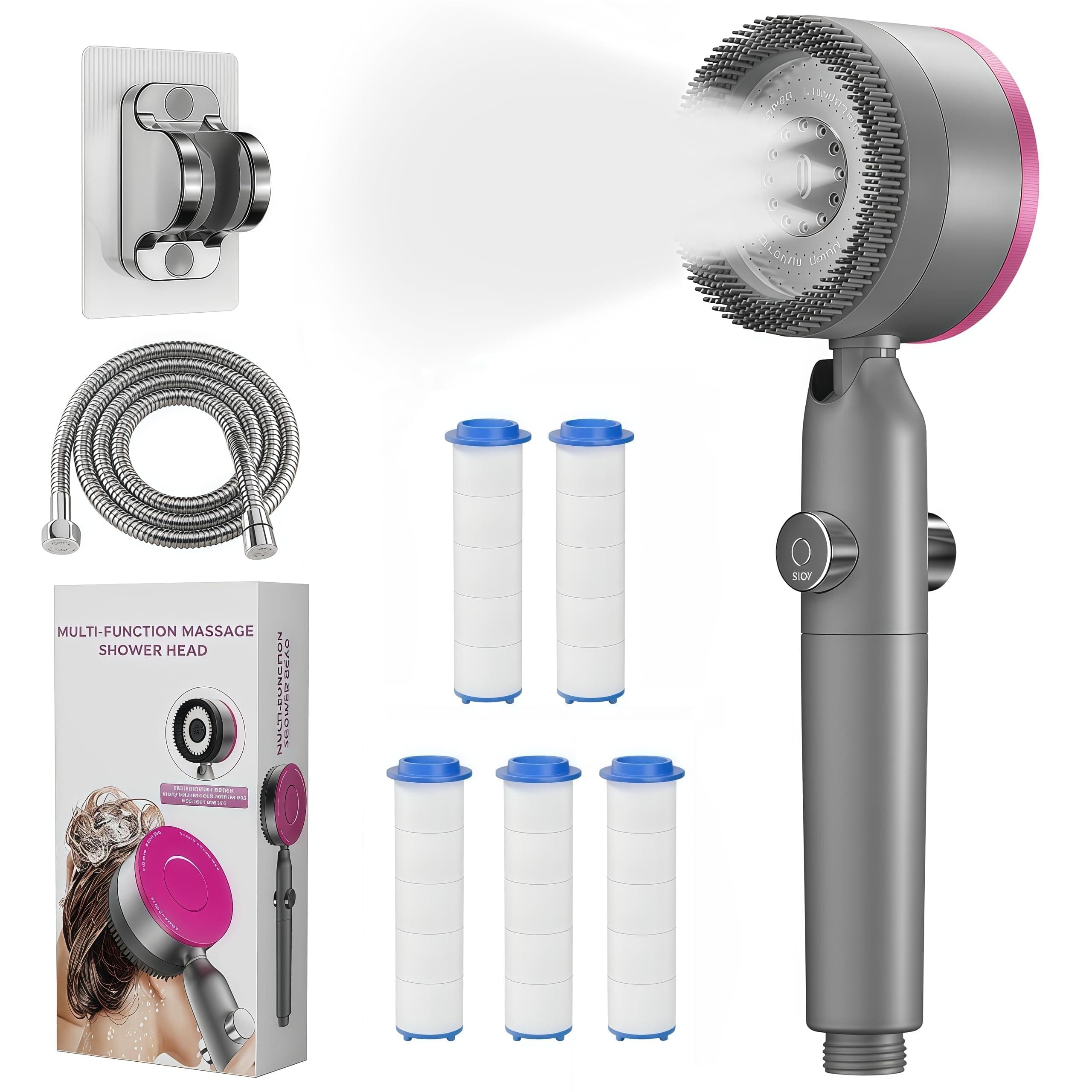 Pommeau Douche Haute Pression,Pommeau De Douche Anti Calcaire,Avec 15 Étapes Filtre*5 et Tuyau 1,5M,Support,4Types de Jets Douchette Douche Salle de Bain,ON/Off D'arrêt D'eau,SPA Shower Head