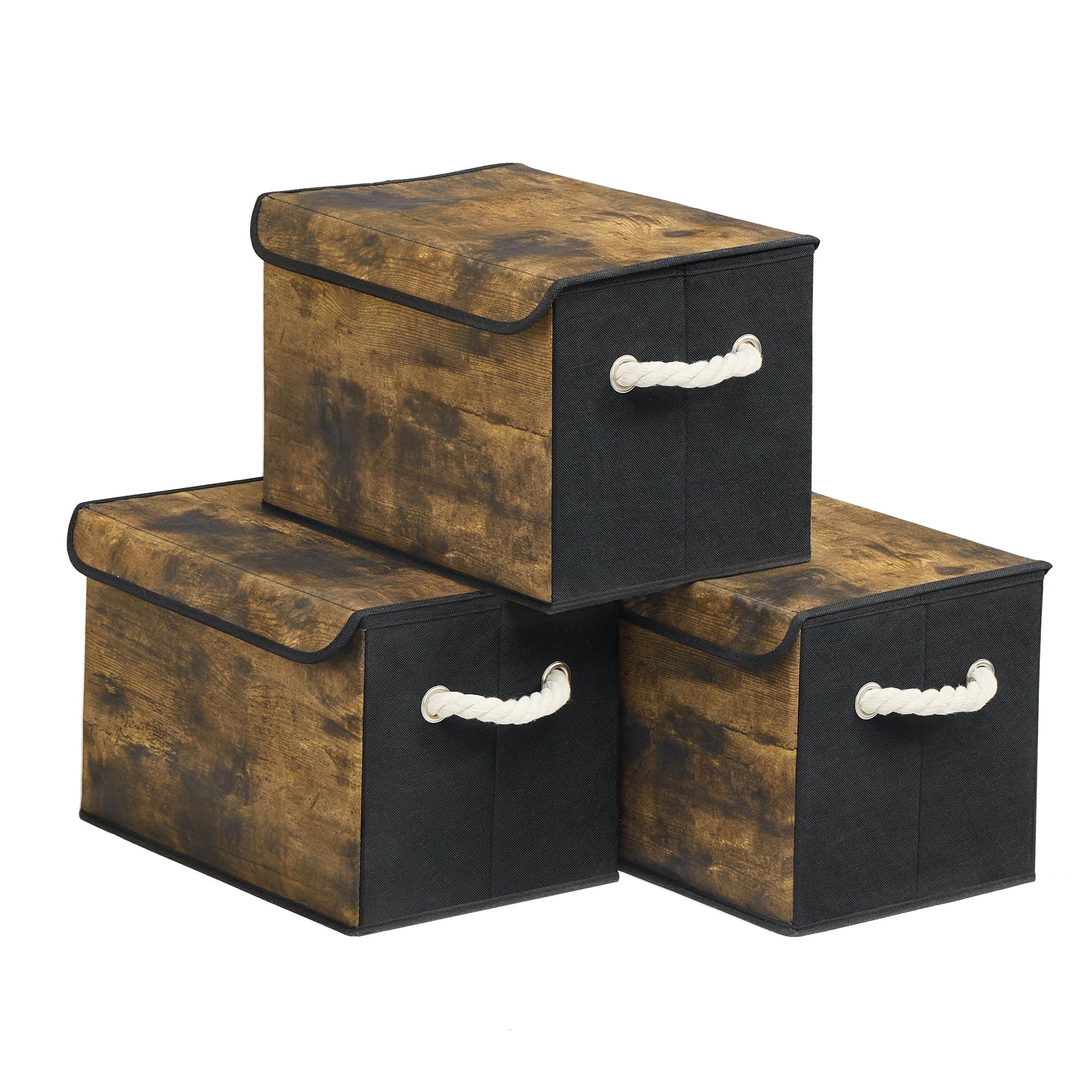 SONGMICS Aufbewahrungsbox mit Deckel, 3er Set, klappbar, Stoffboxen, Aufbewahrung, Organizer, für Kleiderschrank, Griffe, für Schlafzimmer, Wohnzimmer, 38 x 25 x 25 cm, vintagebraun RFB013BH01