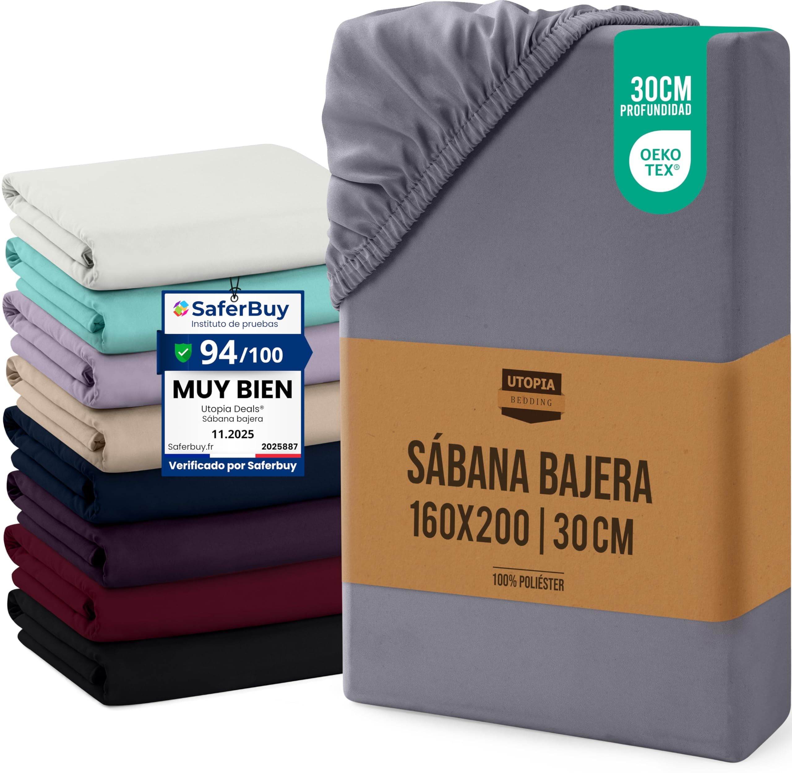 Utopia Bedding Sabana Bajera 160x200x30 cm - Gris - Bolsillo Profundo - Certificado Oeko Tex - Microfibra de Poliéster Cepillado (Cama 160)