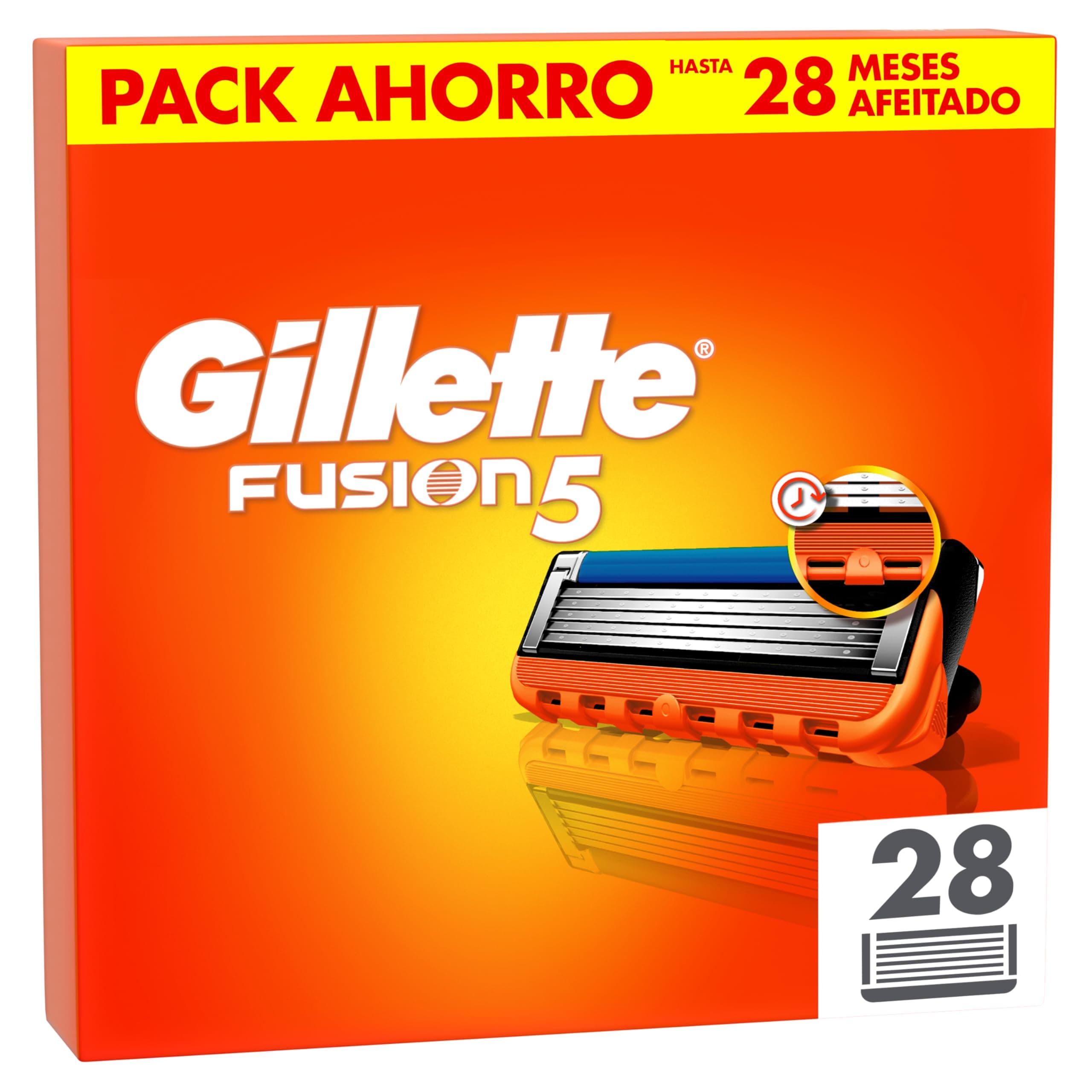Gillette Fusion5 Pack de 28 Recambios Para Maquinillas De Afeitar, Cuchillas De Afeitar Con 5 Hojas, Banda De Gel Lubricante y Recortadora De Precisión