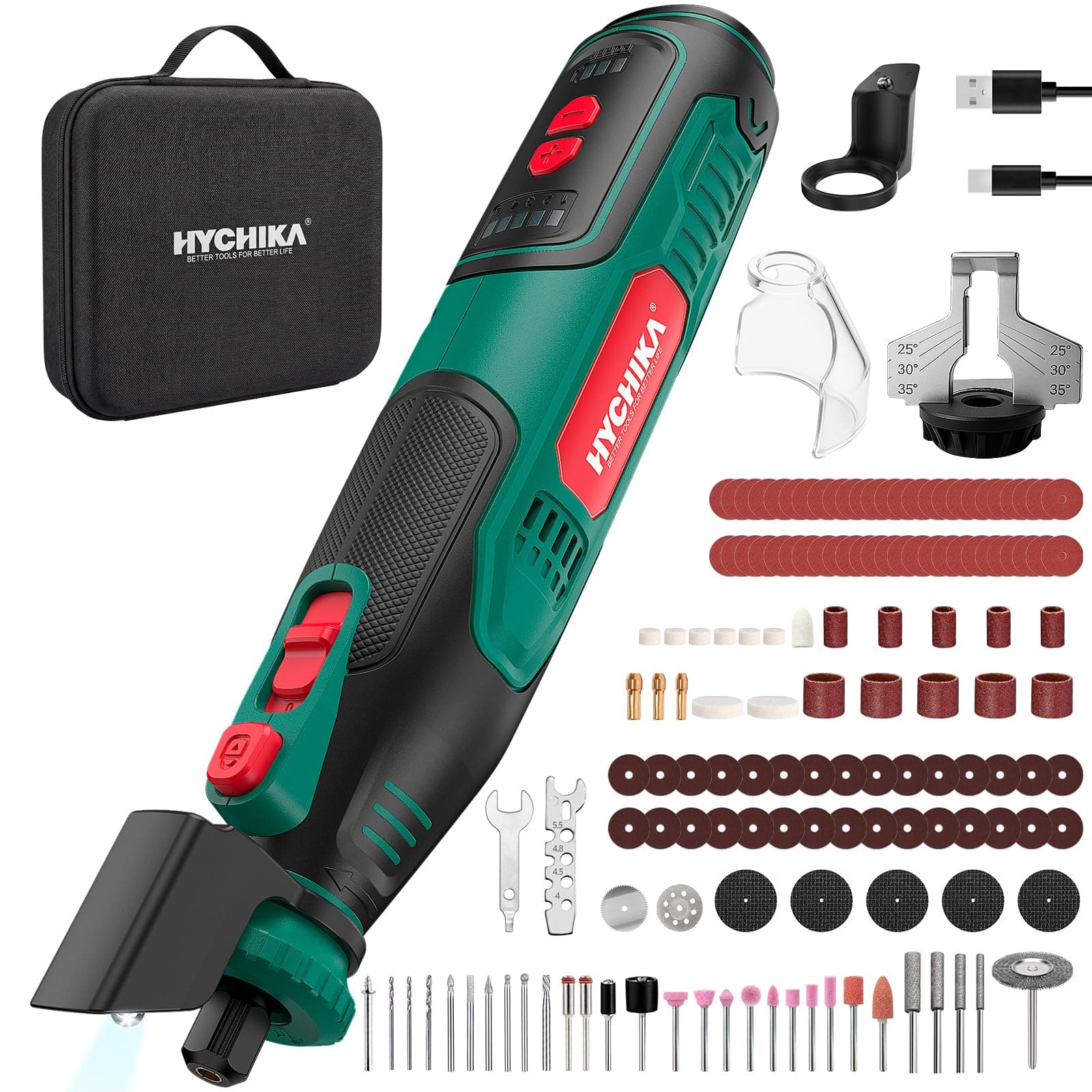 HYCHIKA Herramienta rotativa inalámbrica 8V 2,0Ah batería más grande, 5 velocidades max 30000 RPM, kit 145 accesorios con afilador de cadenas y luz LED, para lijado, pulido, corte, taladrado, grabado