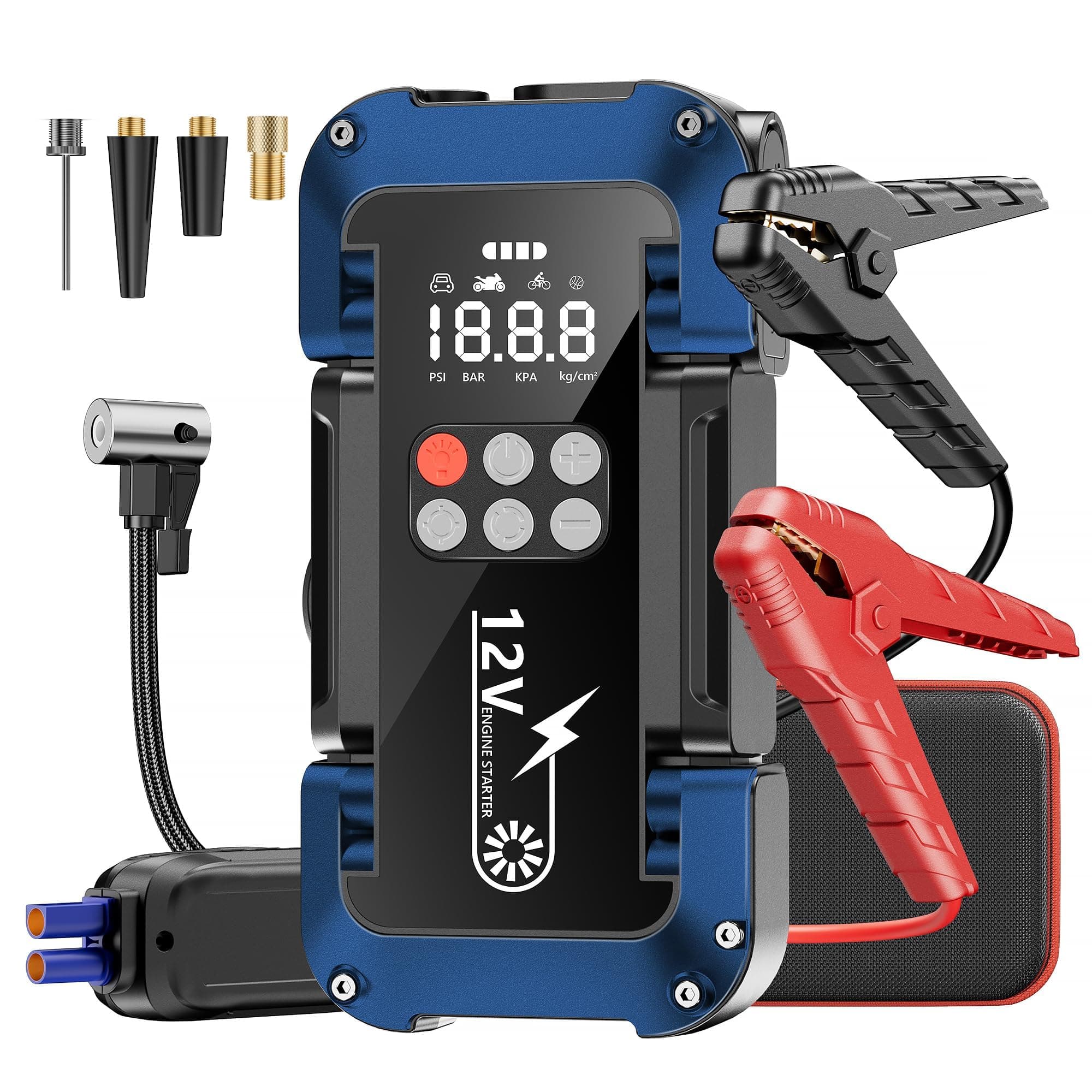 Tyonto Avviatore Emergenza per Auto con Compressore 150PSI, 4000A Starter Batteria Auto 12V per 9.0L Benzina e 8.0L Diesel Motori, Booster Avviamento con Torcia, Ricarica USB