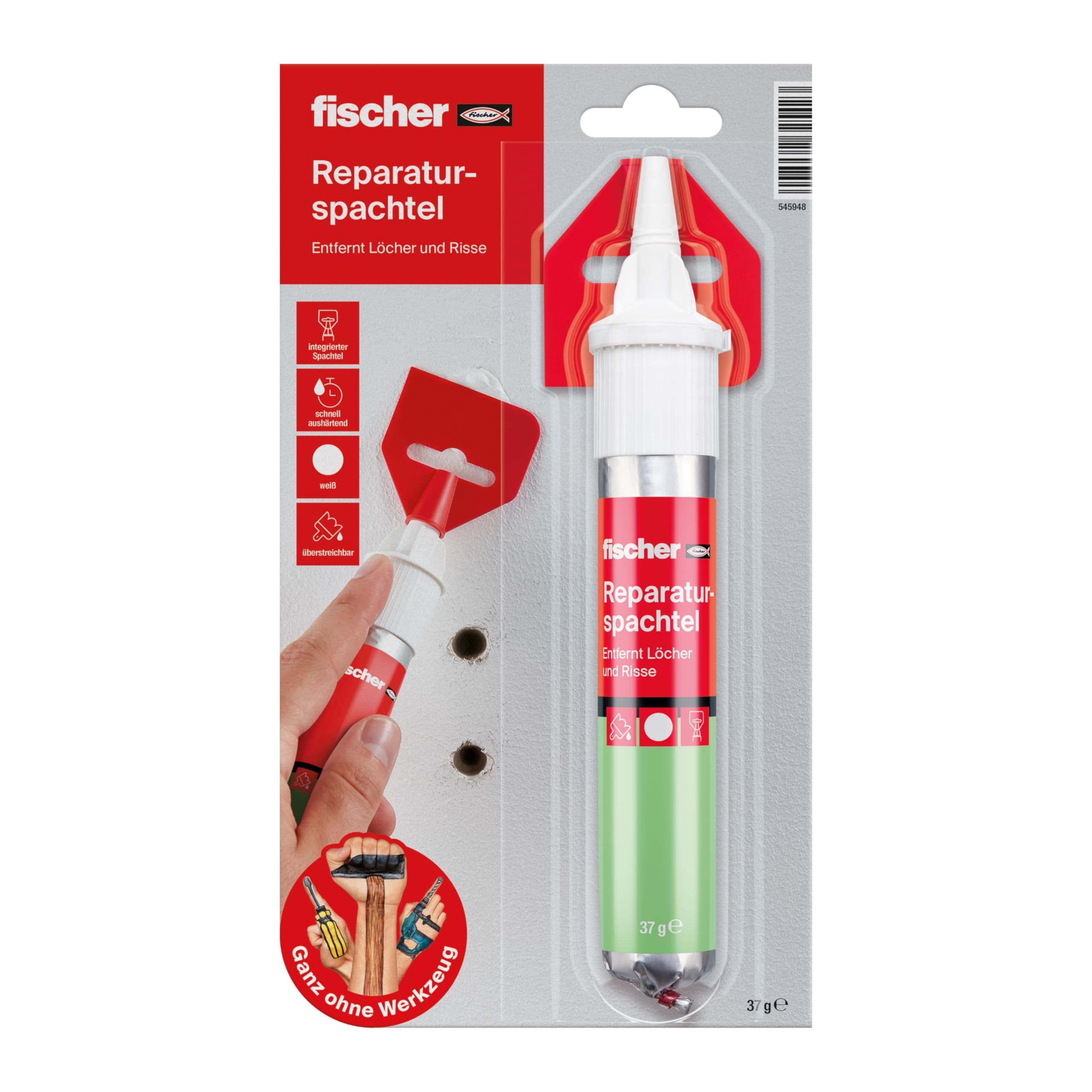 Fischer REPAIR SPATZTEL, 1 spatola di riparazione, 70 ml, riempie i fori, ripara le crepe, si indurisce rapidamente, senza attrezzi, 545948 prodotto assortito