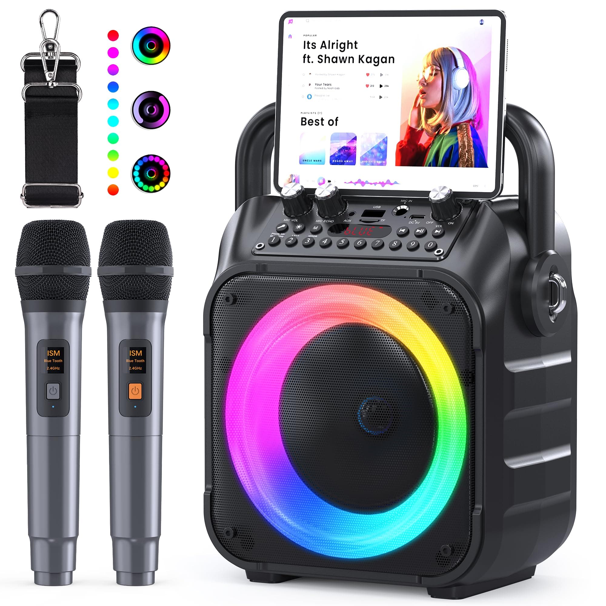 Ankuka Karaoke con Microfono Karaoke Professionale Completo Karaoke per Adulti con 2 Microfoni Wireless Cassa Bluetooth Potatile con PA Sistema, Supporta Bluetooth/TF/USB/AUX/FM/TWS(Nero)