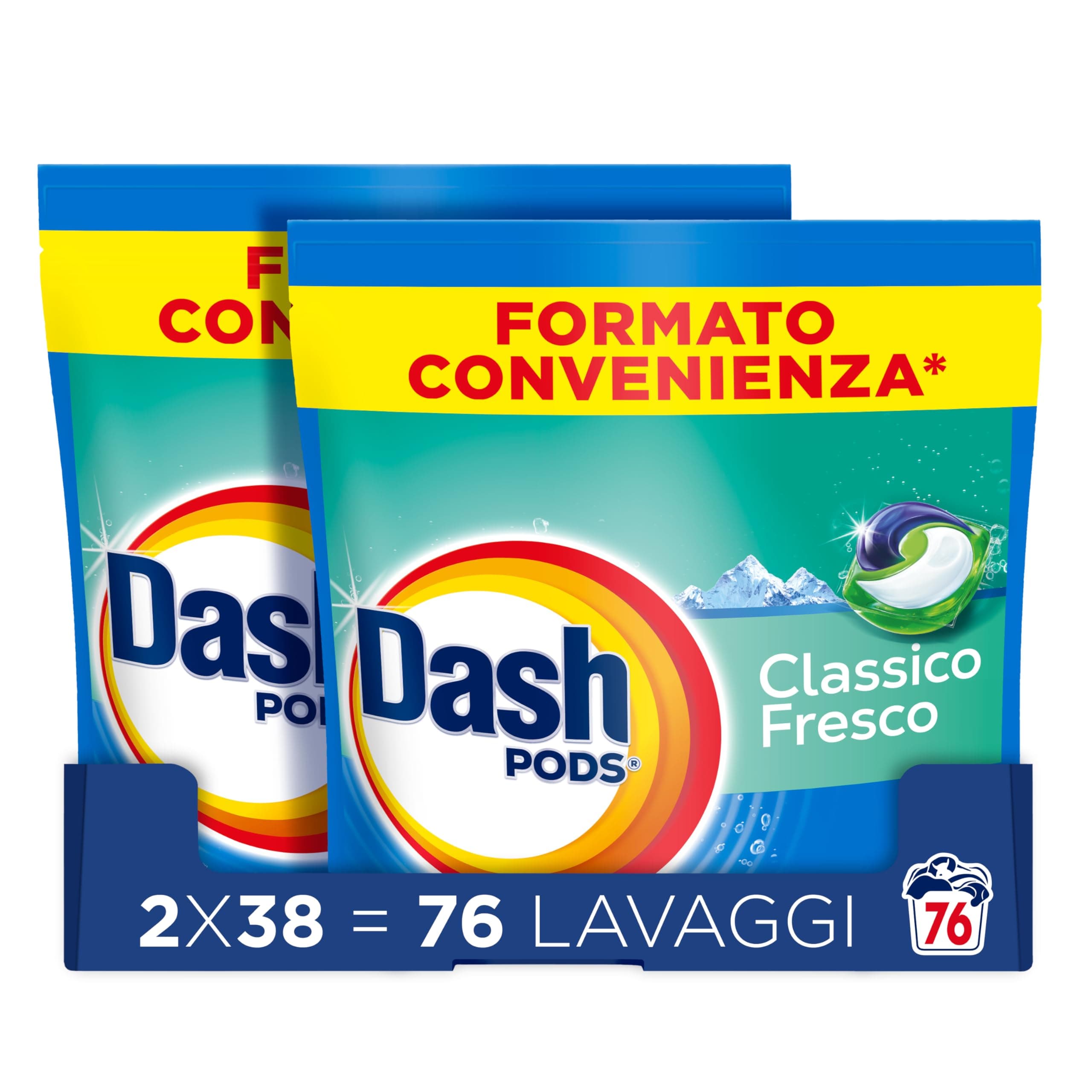 Dash Pods Detersivo Lavatrice In Capsule, 76 Lavaggi (2x38), Classico Fresco, Rimuove Le Macchie, Efficace A Freddo Anche E In Cicli Brevi