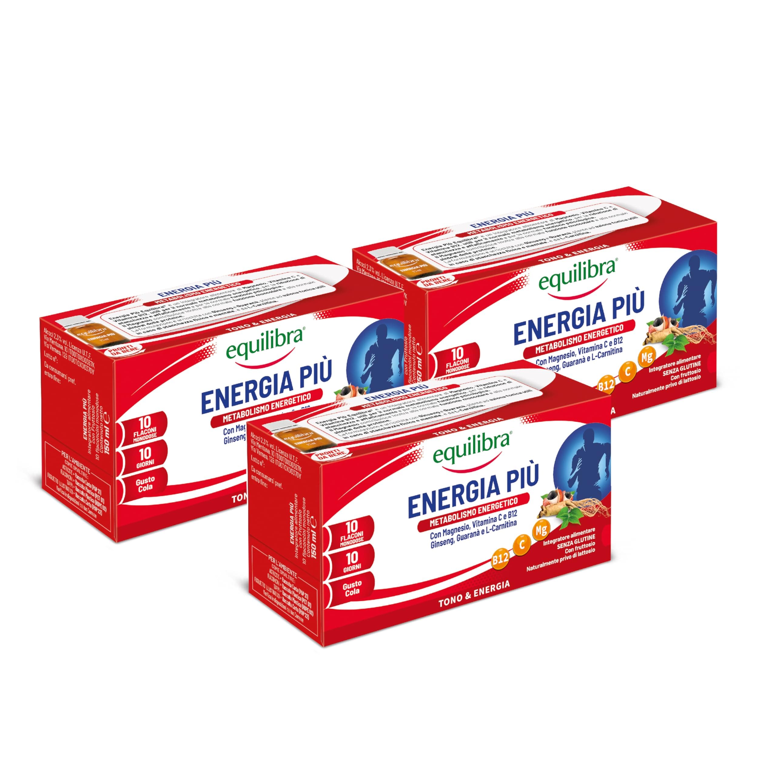 Equilibra Integratori Alimentari, Energia Più, Integratore con Magnesio, Vitamina C, Vitamina B12, Ginseng, Guaranà e L-Carnitina, Gusto Cola, Senza Glutine, 3 Confezioni da 10 Flaconcini