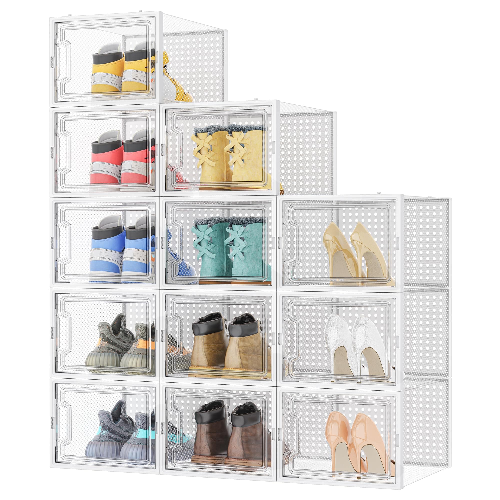 HOMIDEC 12 pcs Cajas de Zapatos, Organizador Zapatos de Plástico Transparente Apilables, Contenedores Organizadores de Zapatos con tapas para Mujeres/Hombres,Blanco L