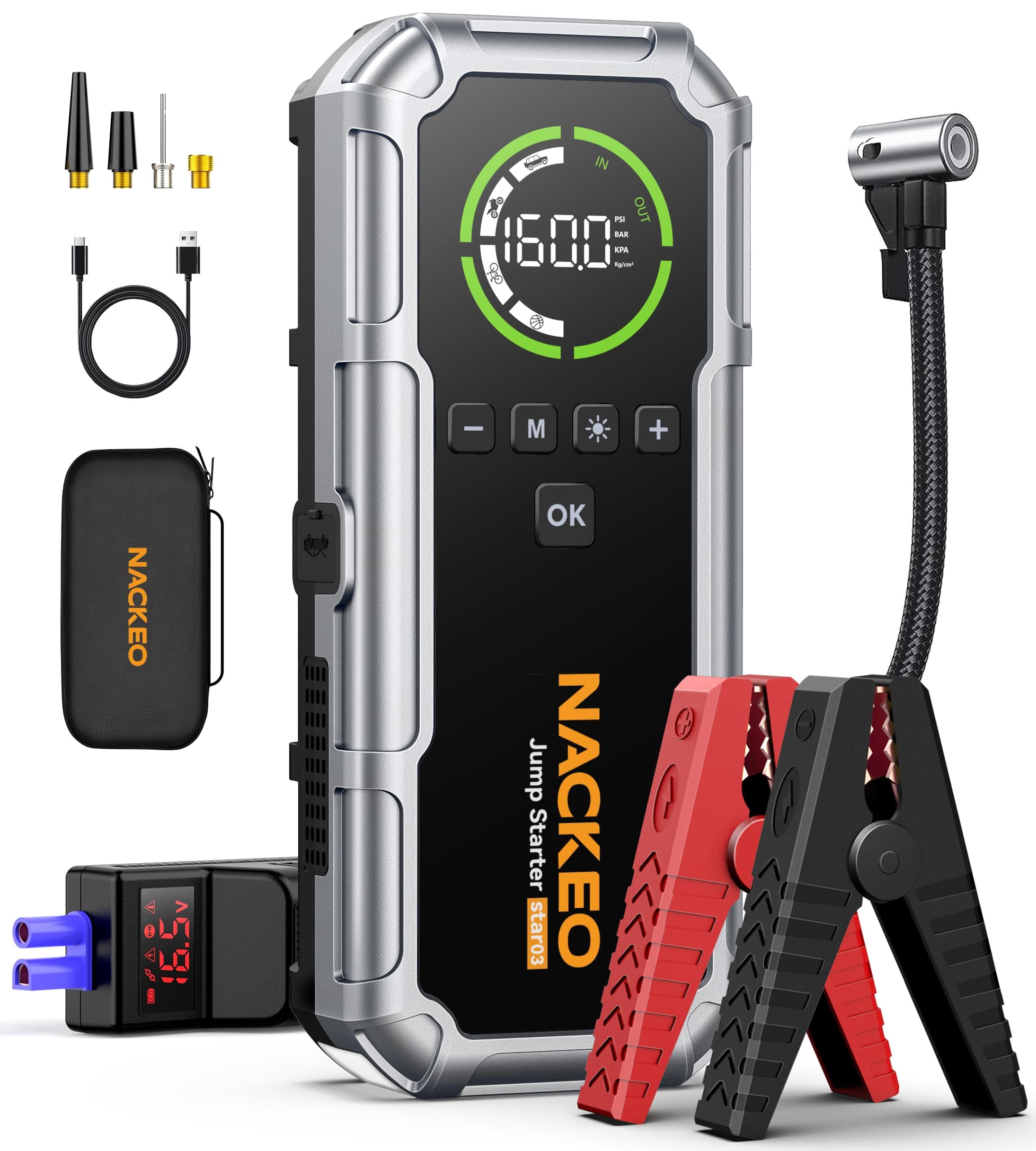 Arrancador de Baterias de Coche 8000A con Compresor, 160PSI Inflador de Neumáticos, Jump Starter 12V, Arrancador de Coches para Vehículo (Todo Gasolina o 12L Diésel), Pantalla LCD, Luz de Emergencia