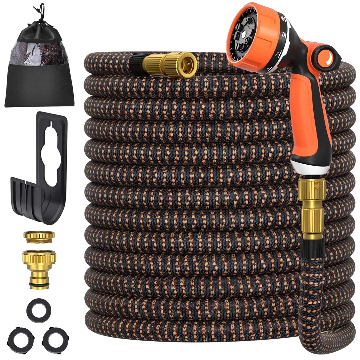 Tuyau d'arrosage 30m, ULTTY Tuyau d’arrosage Extensible avec 1/2" et 3/4" (19mm et 13mm) Adaptateurs, 10 Modes d'Arrosage, Latex Triple Épaisseur Durable avec Raccords en Laiton et Sac, Orange