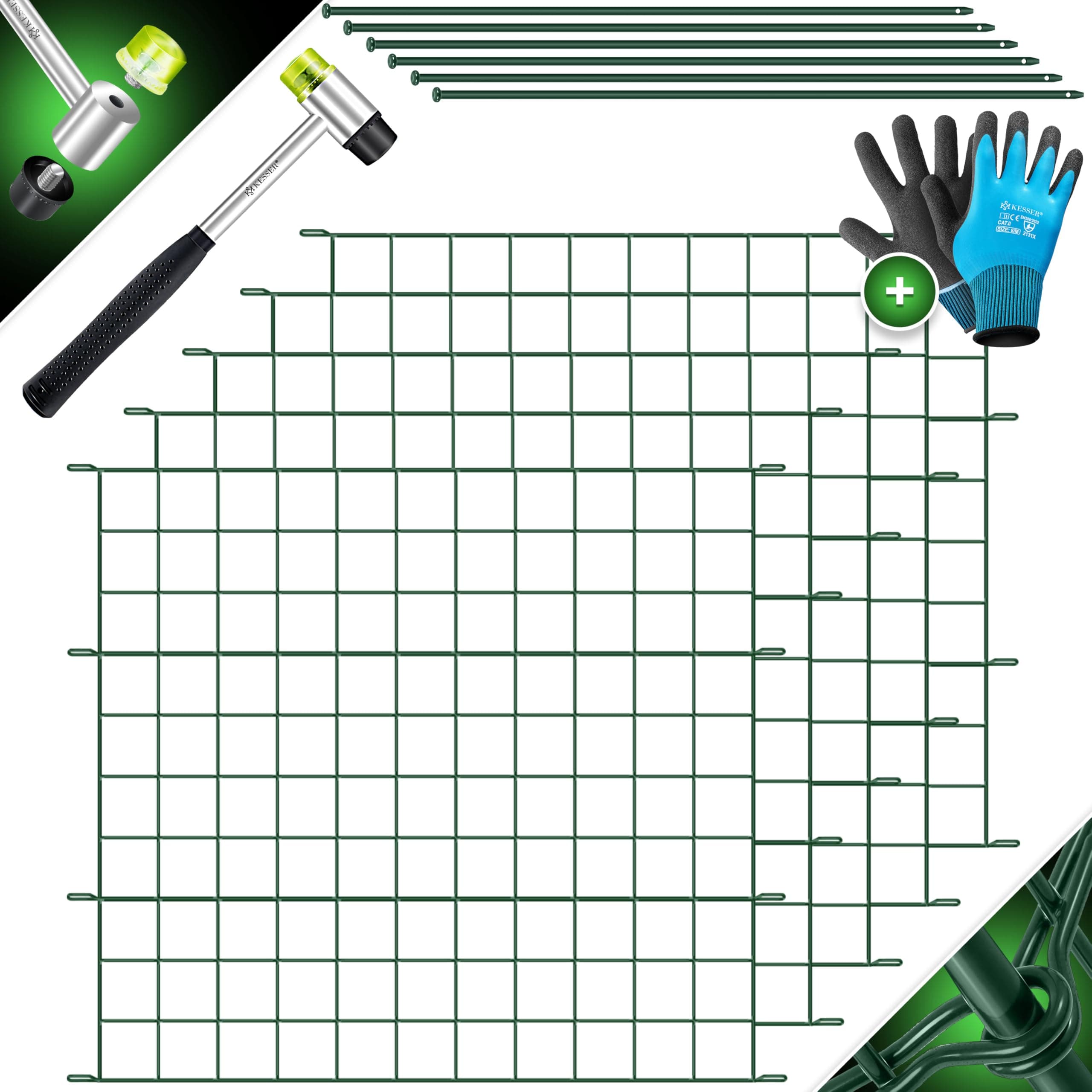 KESSER® Teichzaun Gartenzaun Steckzaun Komplettset Metall 5x Gerade Inkl. Handschuhe, 1x Hammer + 6 Befestigungsstäben, Zaun zum stecken für Garten, Gitterzaun Set Freigehege für Tiere